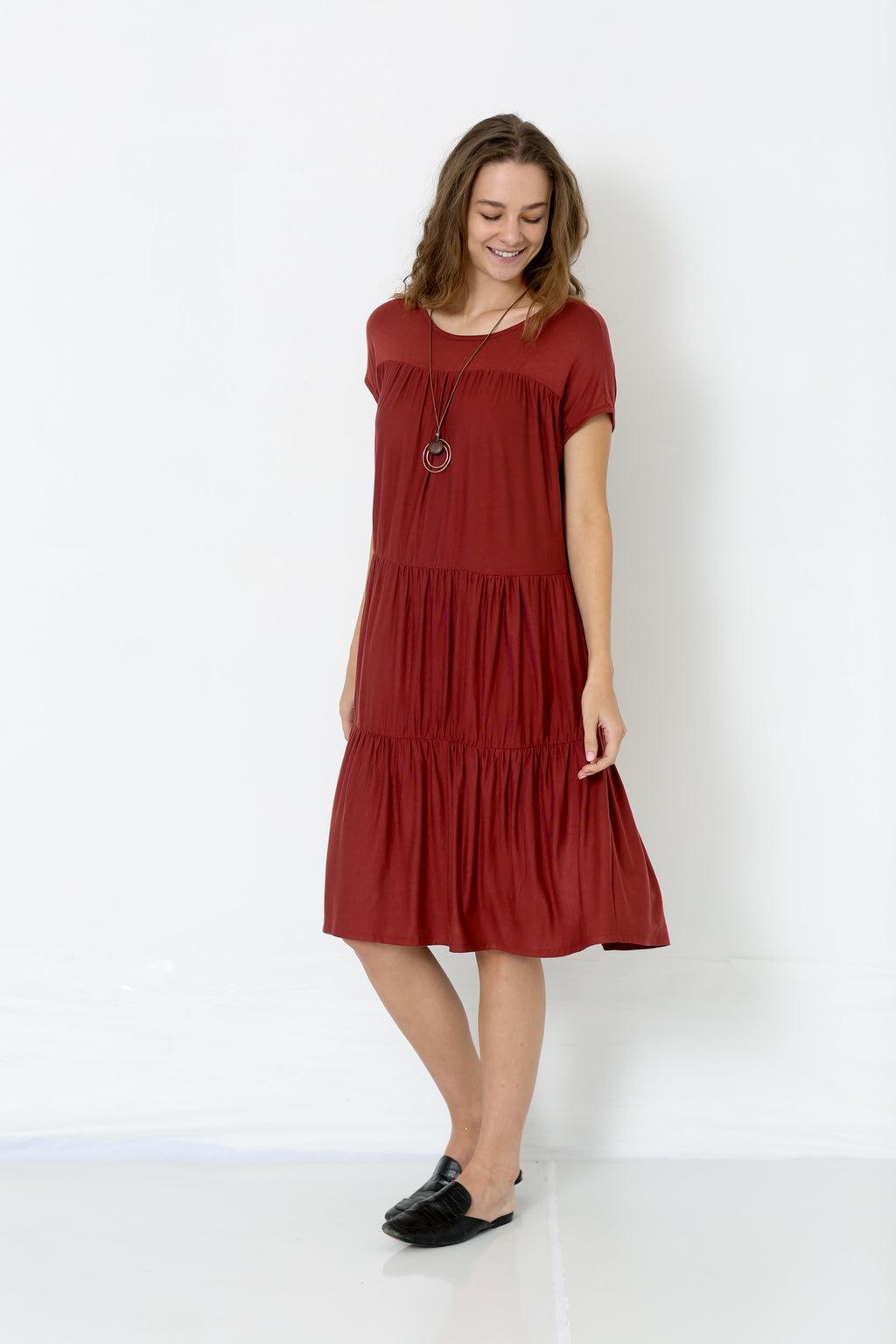 SS ROUND NECK TIERED DRESS WITH GATHERINGS ON THE CHEST - D9027