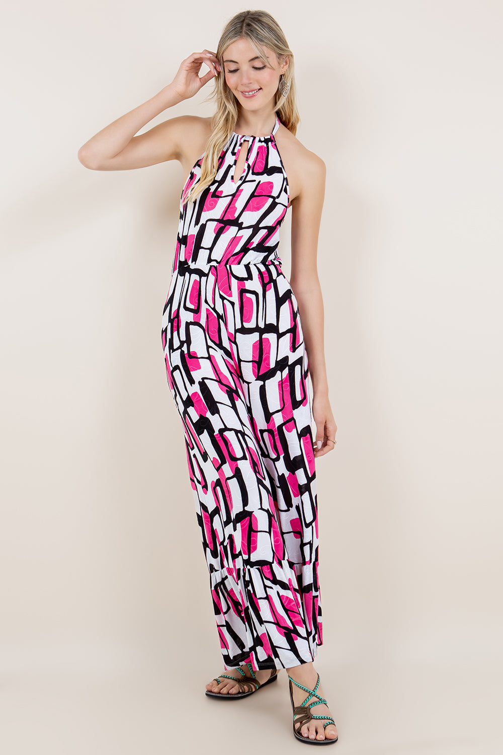 HALTER NECK TIE JUMPSUIT WITH ELASTIC WAIST AND POCKETS - JS2011-AT1841T