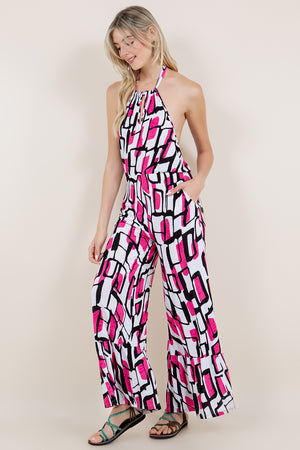 HALTER NECK TIE JUMPSUIT WITH ELASTIC WAIST AND POCKETS - JS2011-AT1841T