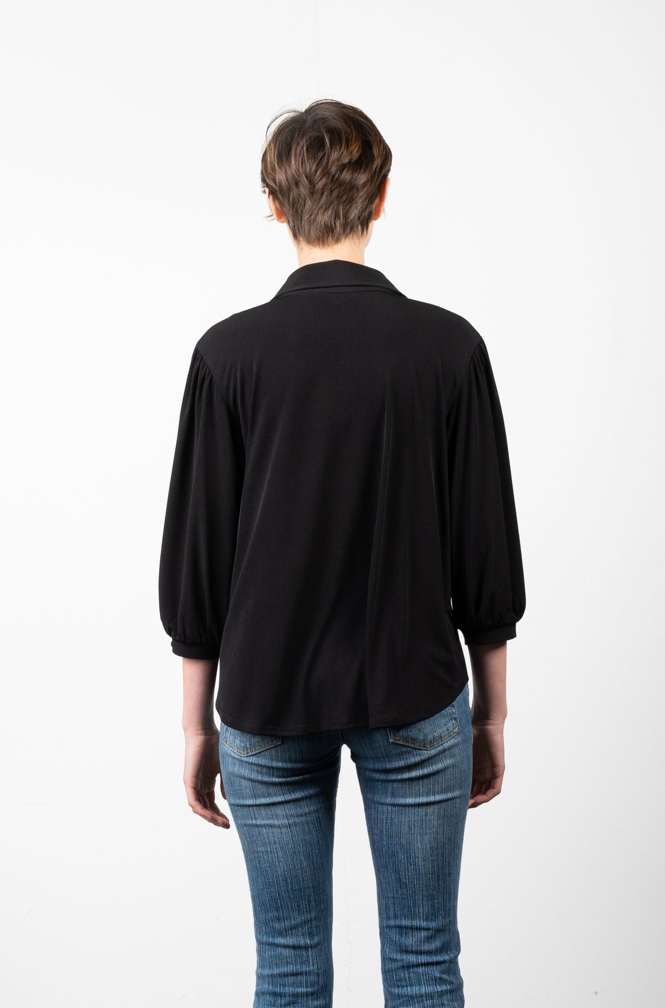 3/4 SLEEVE BUTTON UP SHIRT WITH COLLAR - T11185-ITY BLACK