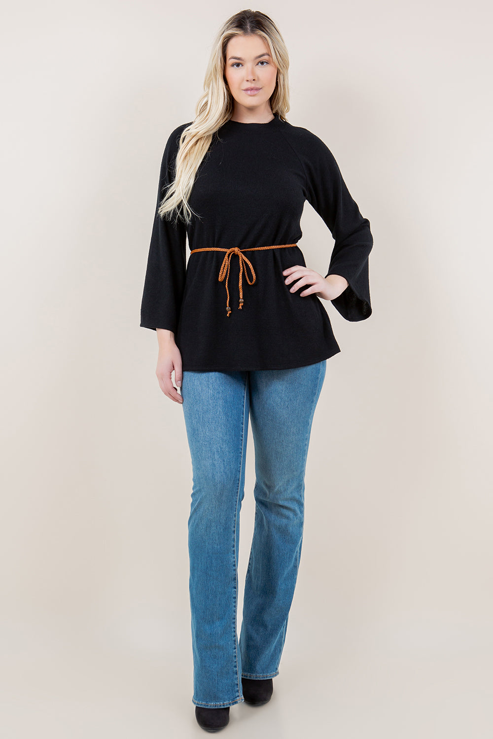 BELL LS RAGLAN MOCK NECK TUNIC WITH BRAIDED TIE - T11616-CSH-HACCI-BLK