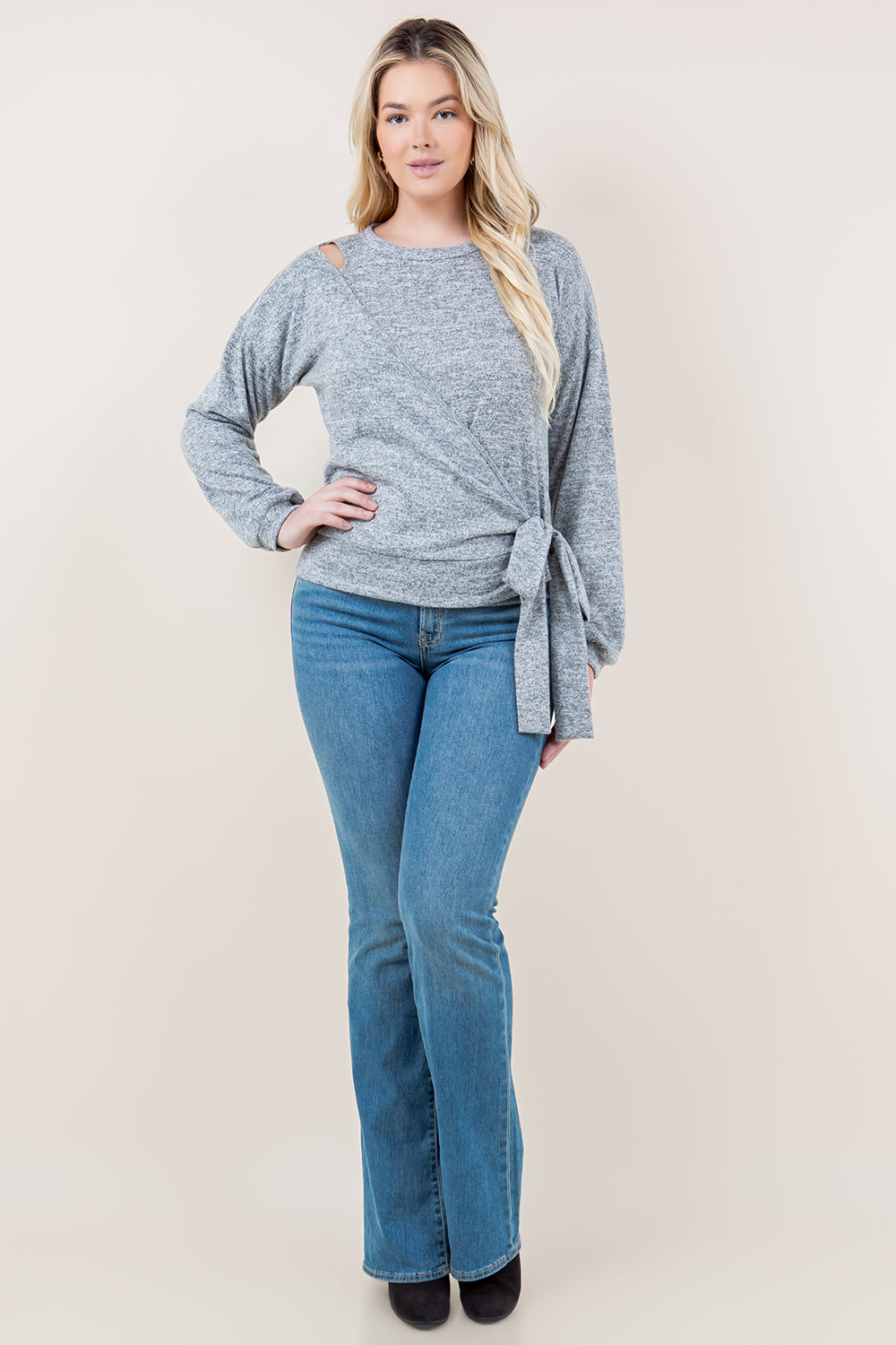 LS CUT OUT FAUX WRAP PULL OVER - T11651-2THACCI-H GREY