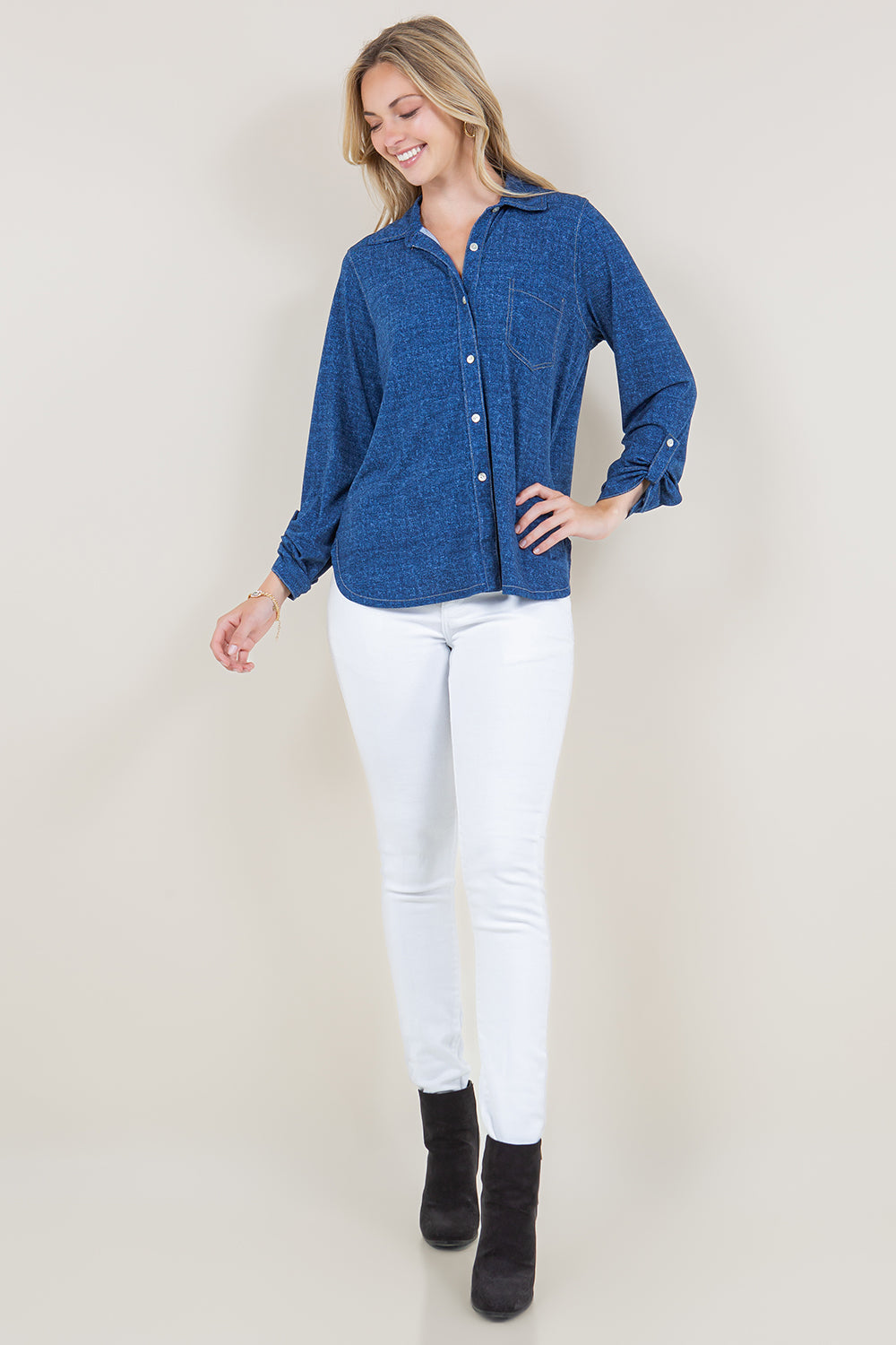 LS ROLLED UP BUTTON DOWN SHIRT TOP - T11679-92795