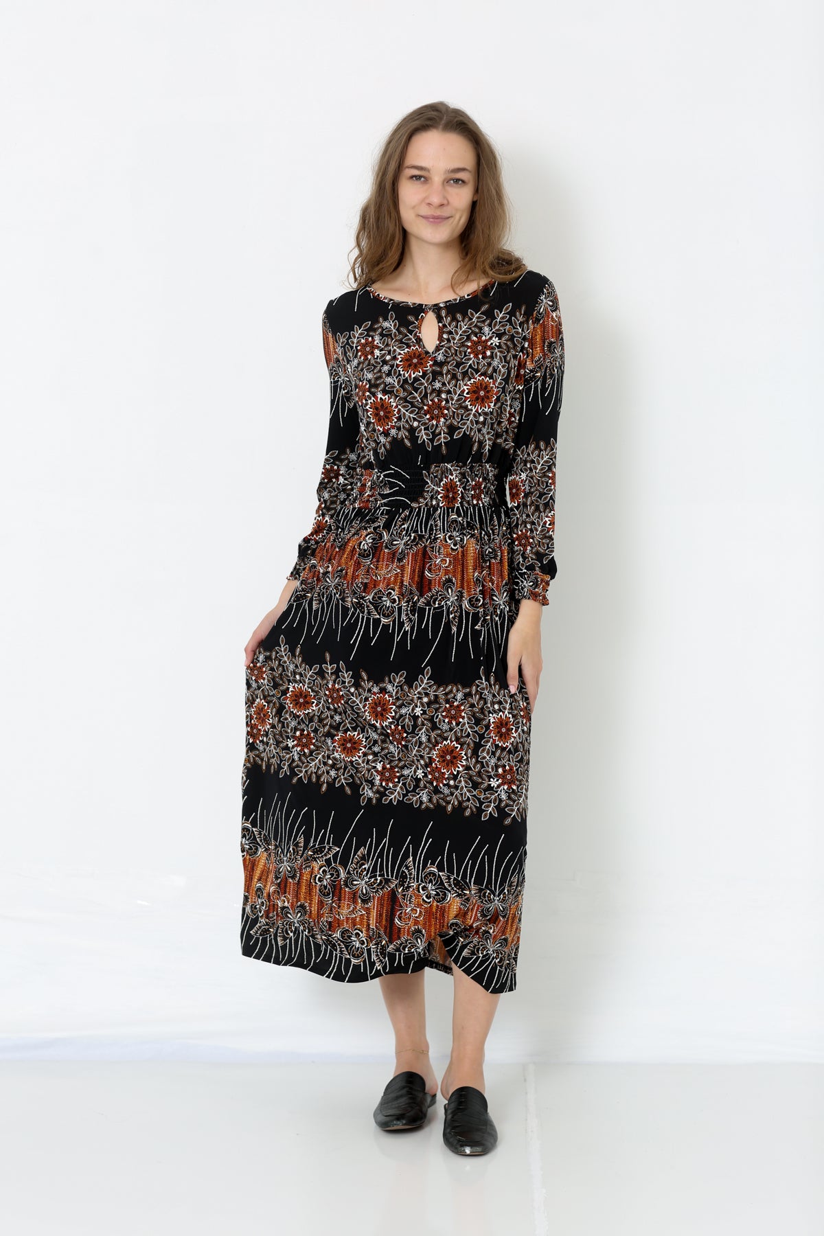 3/4 SLEEVE KEY HOLE ROUND NECK DRESS - D2490-PE-RM