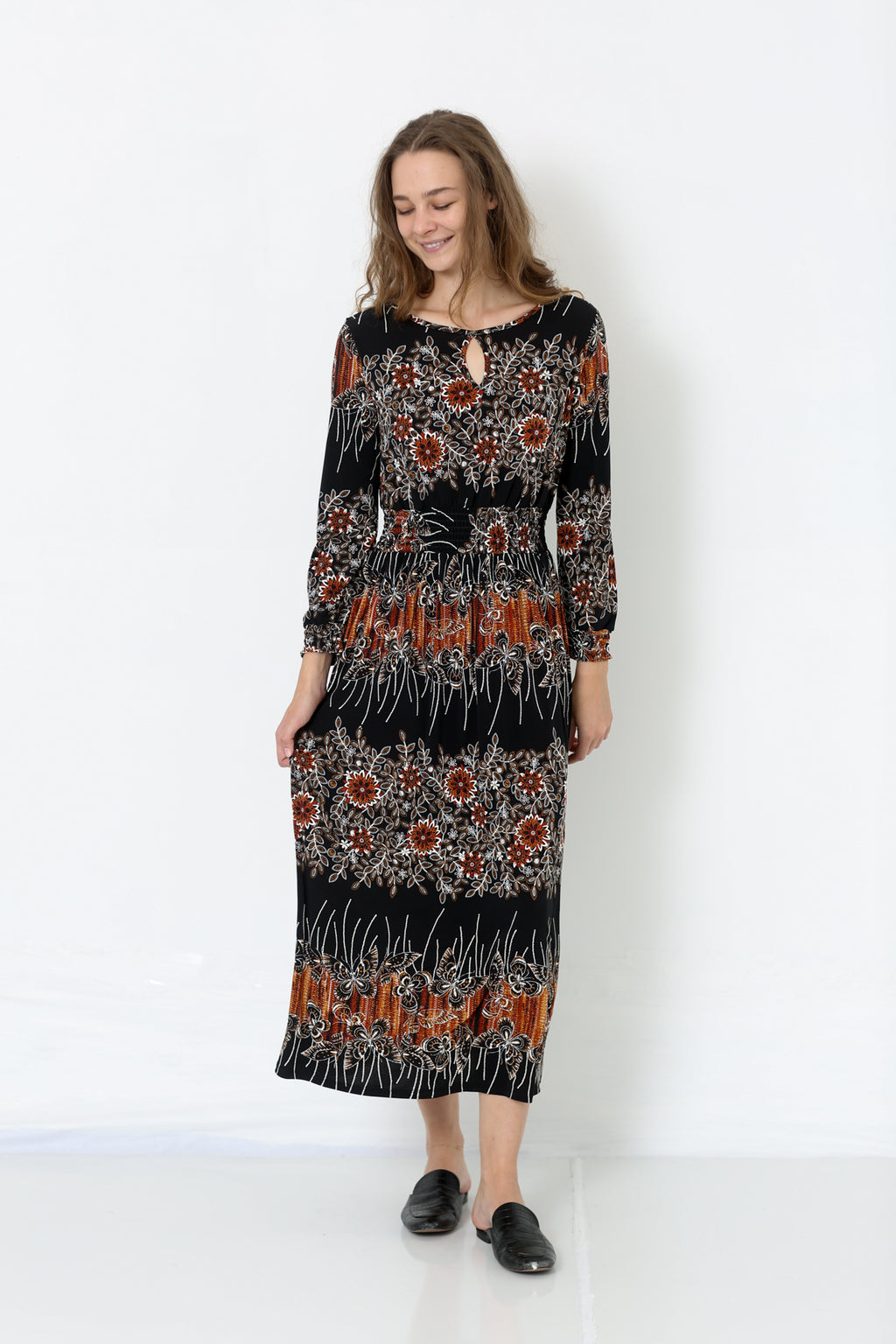 3/4 SLEEVE KEY HOLE ROUND NECK DRESS - D2490-PE-RM