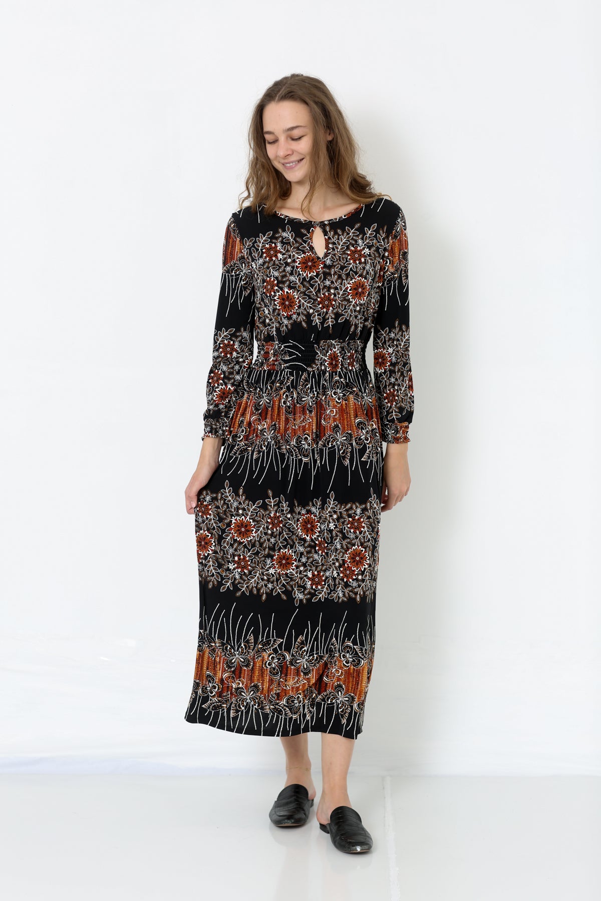 3/4 SLEEVE KEY HOLE ROUND NECK DRESS - D2490-PE-RM