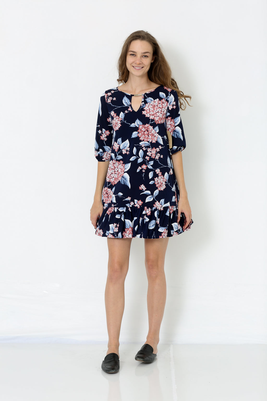 ELBOW PUFF SLEEVE KEY HOLE NECK LINE DRESS - D2575-PE-34-RM-3305584-2