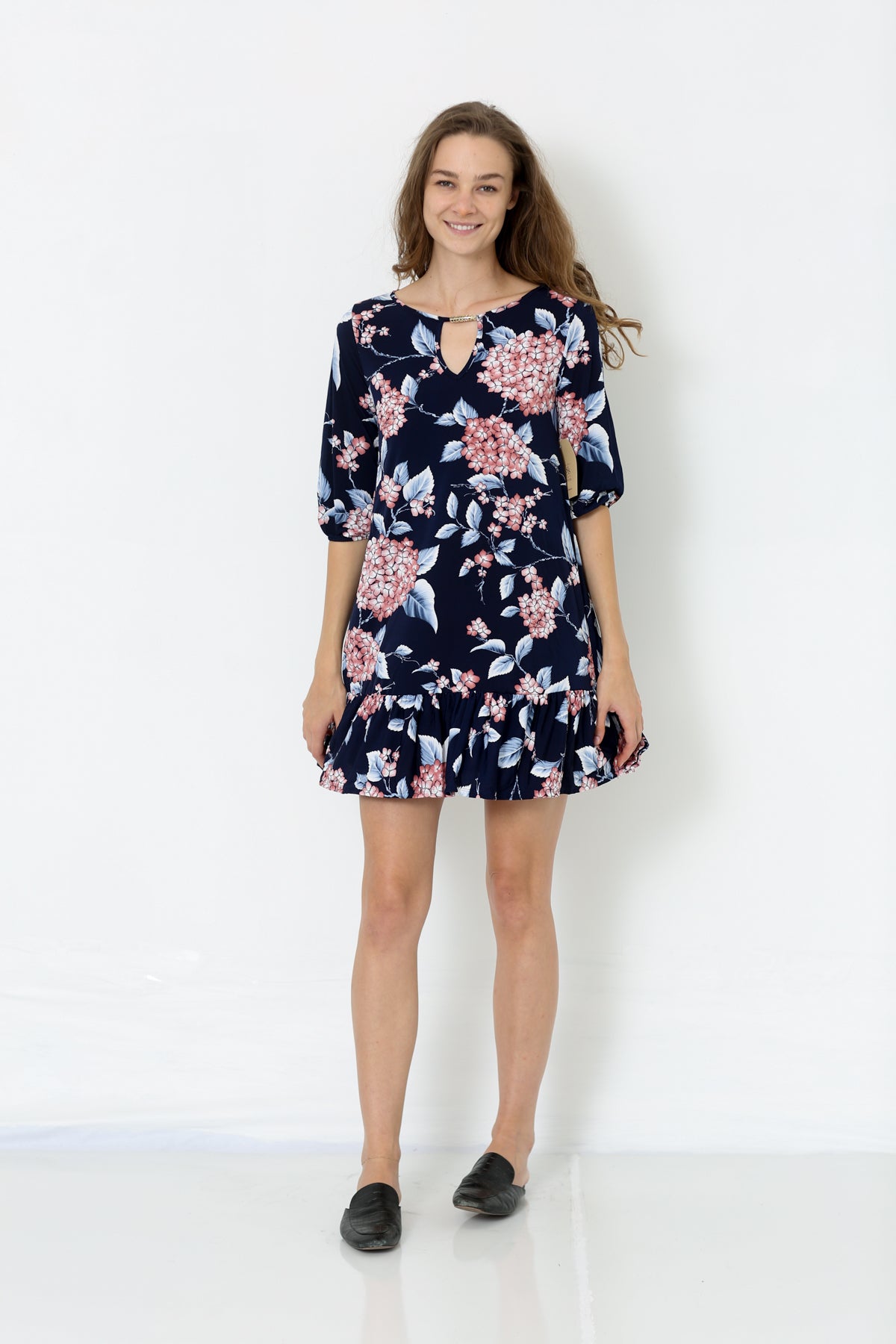 ELBOW PUFF SLEEVE KEY HOLE NECK LINE DRESS - D2575-PE-34-RM-3305584-2