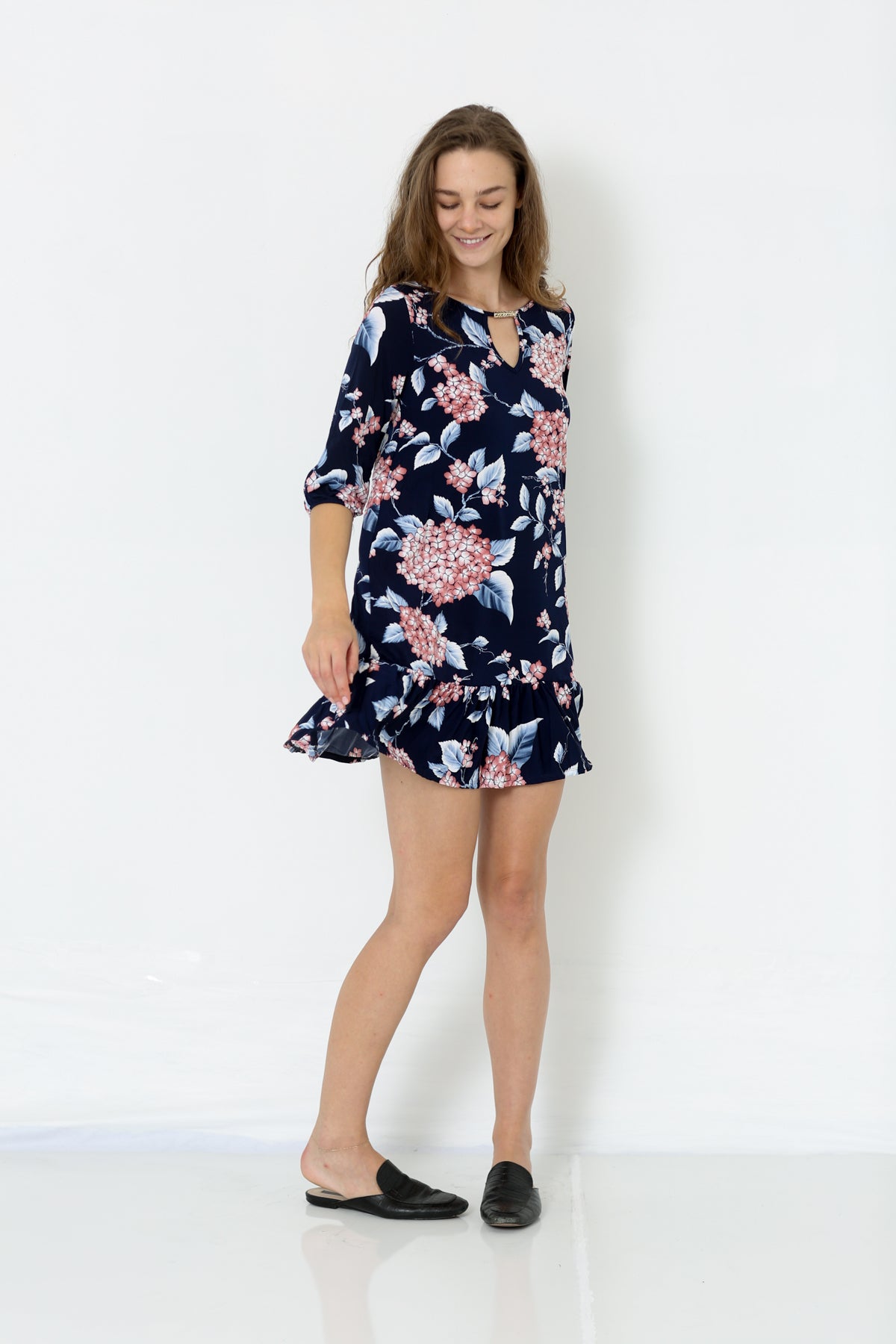 ELBOW PUFF SLEEVE KEY HOLE NECK LINE DRESS - D2575-PE-34-RM-3305584-2