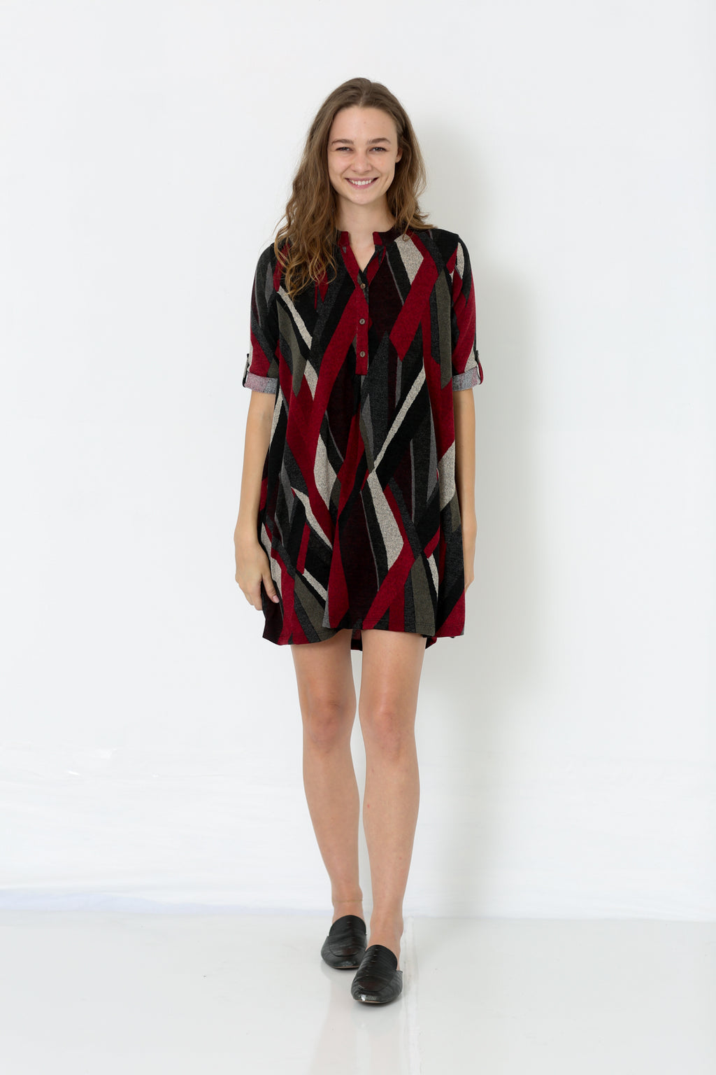 ELBOW SLEEVE Y NECK SHIRT DRESS - D2653