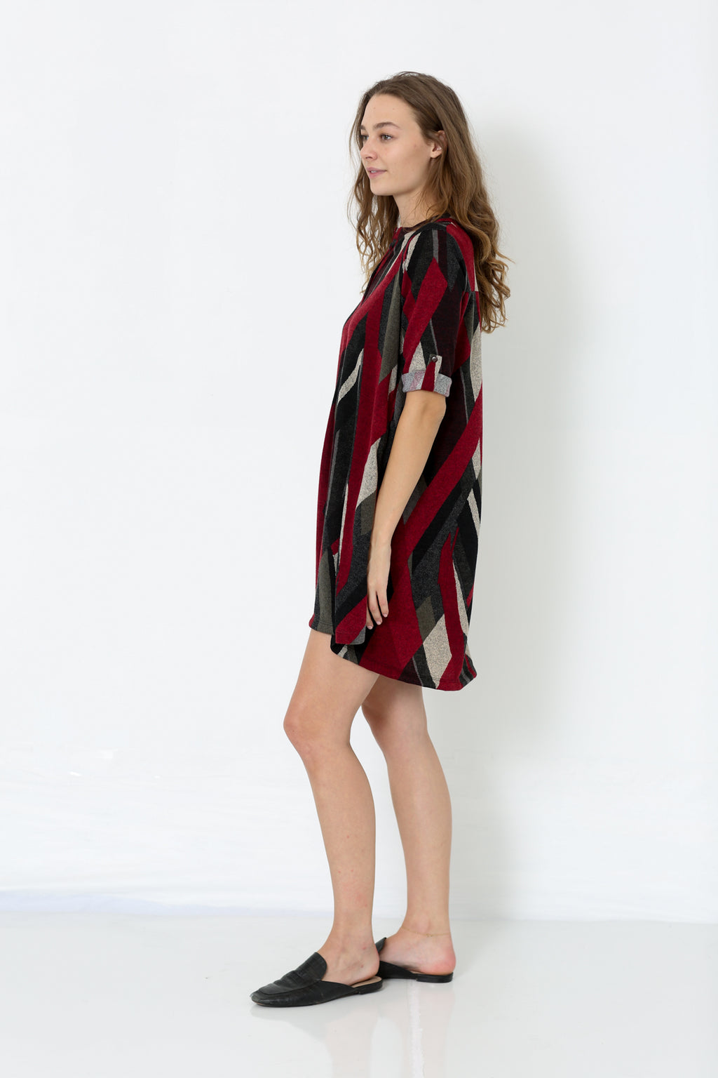 ELBOW SLEEVE Y NECK SHIRT DRESS - D2653