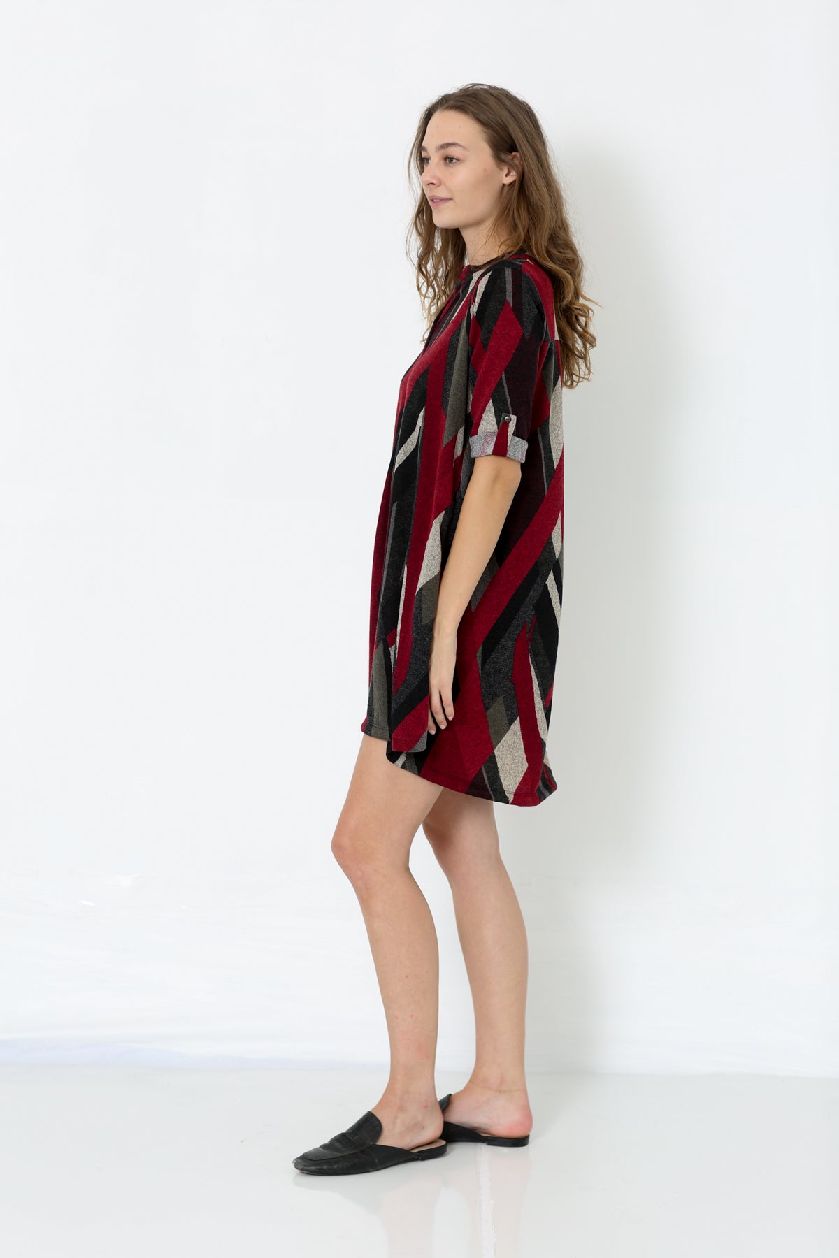 ELBOW SLEEVE Y NECK SHIRT DRESS - D2653