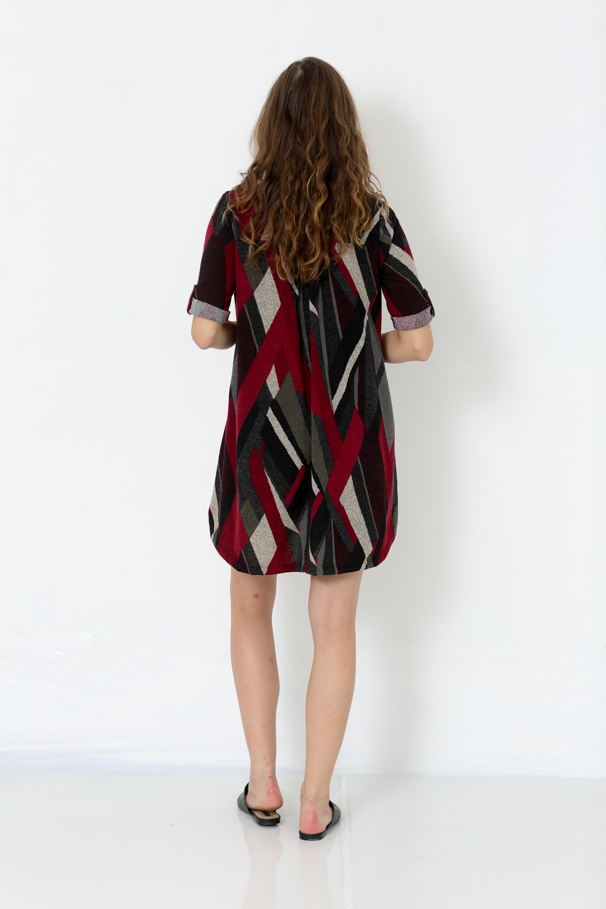 ELBOW SLEEVE Y NECK SHIRT DRESS - D2653
