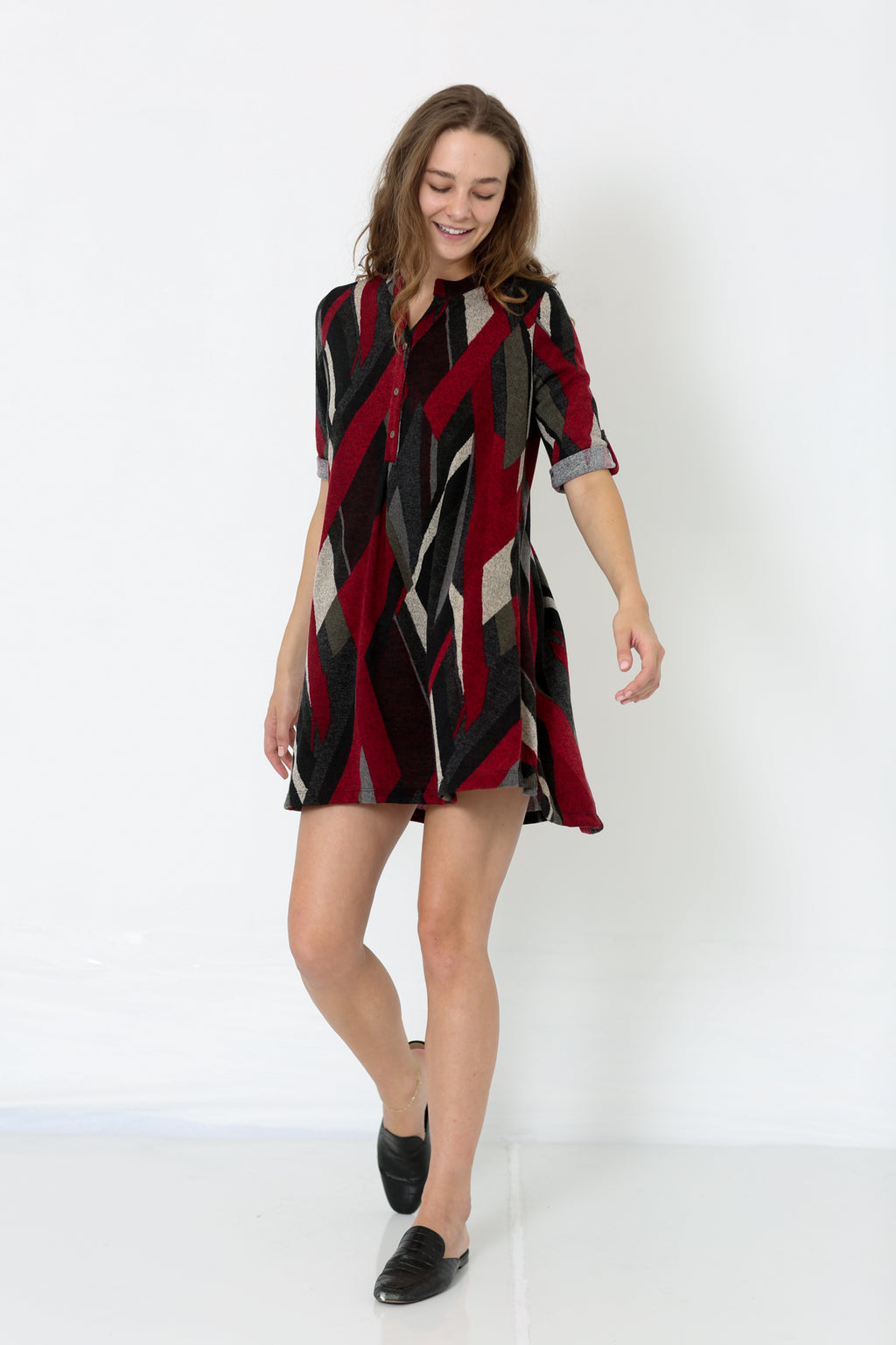 ELBOW SLEEVE Y NECK SHIRT DRESS - D2653