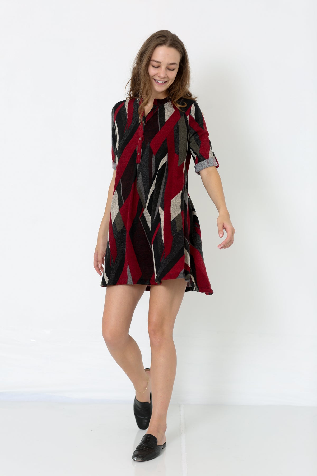 ELBOW SLEEVE Y NECK SHIRT DRESS - D2653