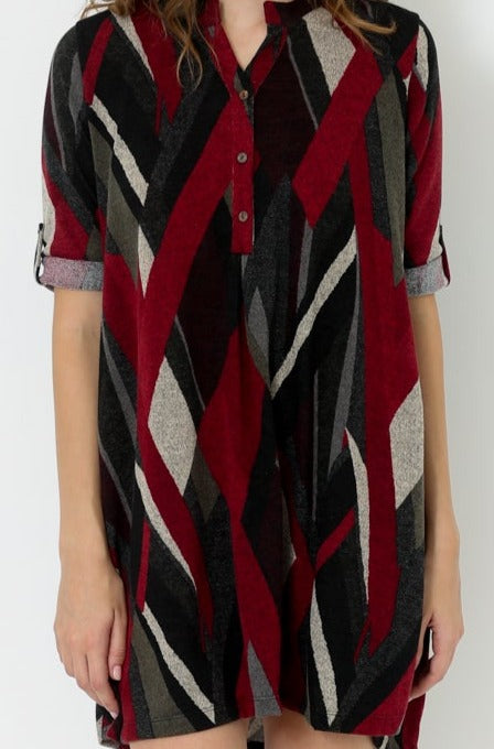 ELBOW SLEEVE Y NECK SHIRT DRESS - D2653