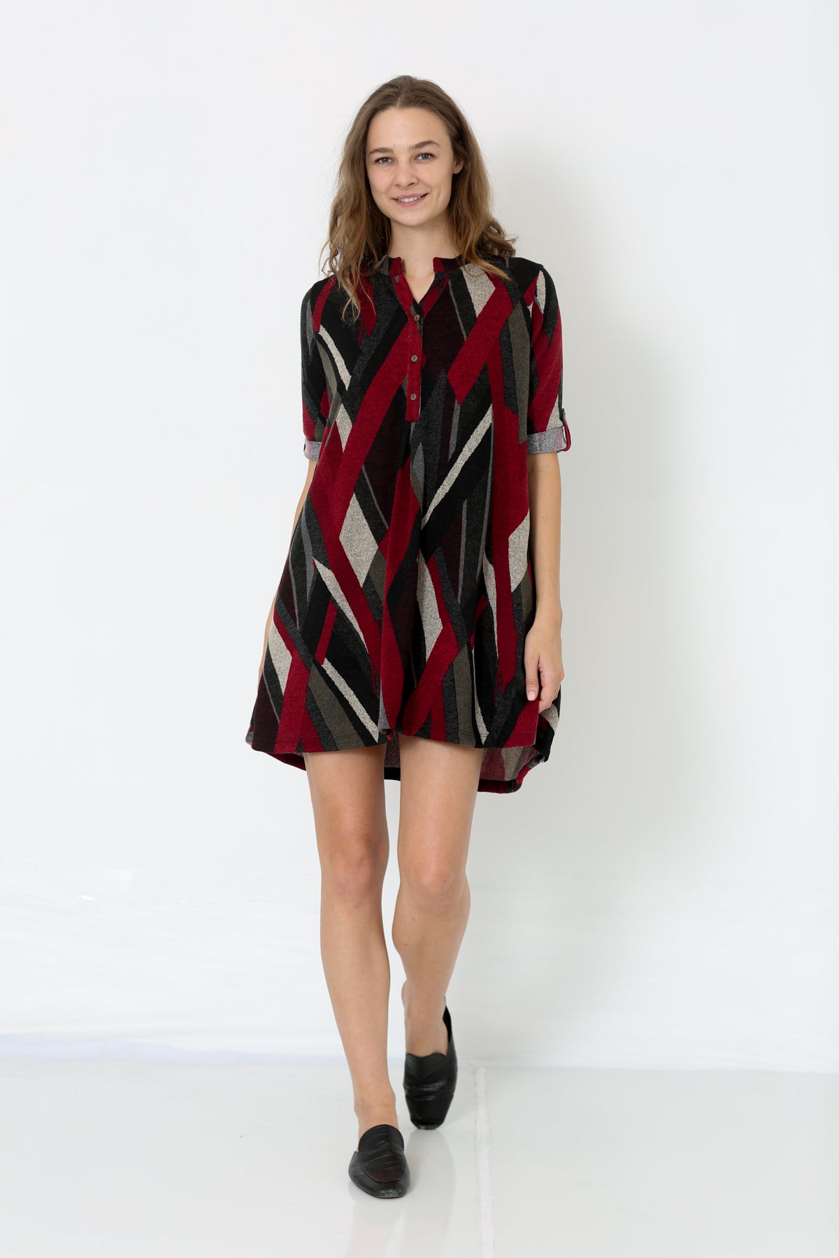 ELBOW SLEEVE Y NECK SHIRT DRESS - D2653