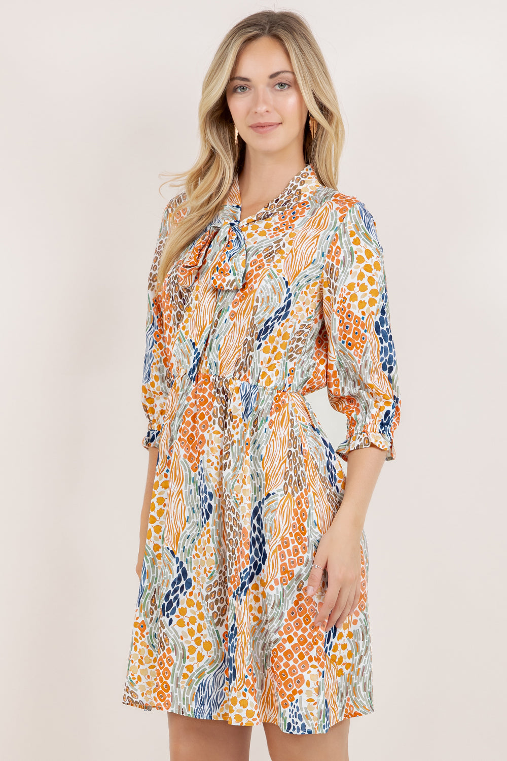 ELBOW SLV TIE NECK ELASTIC WAIST MIDI DRESS / D2655-08751H