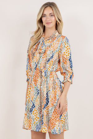 ELBOW SLV TIE NECK ELASTIC WAIST MIDI DRESS / D2655-08751H