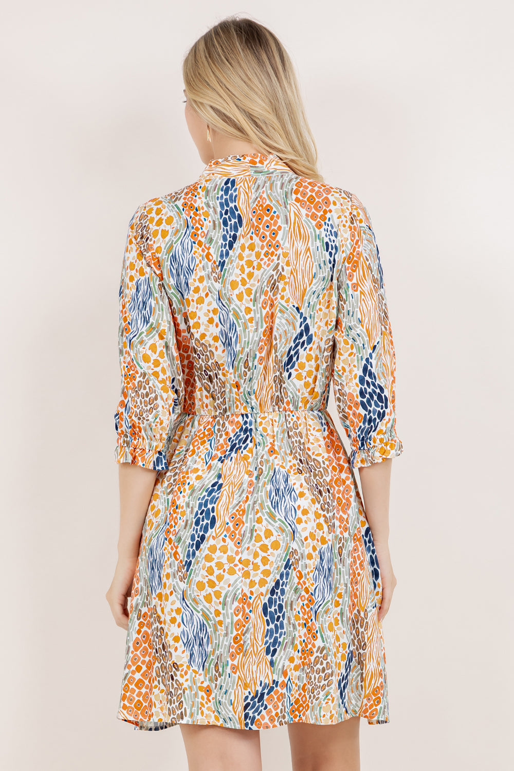 ELBOW SLV TIE NECK ELASTIC WAIST MIDI DRESS / D2655-08751H