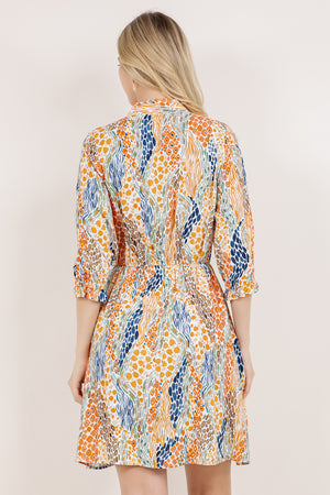 ELBOW SLV TIE NECK ELASTIC WAIST MIDI DRESS / D2655-08751H