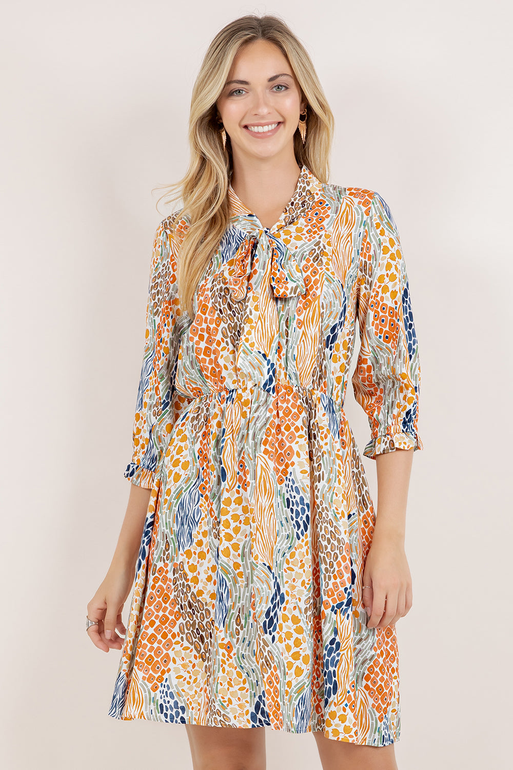 ELBOW SLV TIE NECK ELASTIC WAIST MIDI DRESS / D2655-08751H