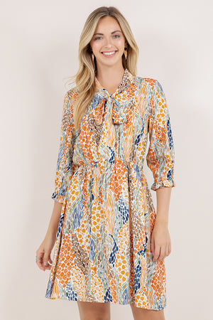 ELBOW SLV TIE NECK ELASTIC WAIST MIDI DRESS / D2655-08751H