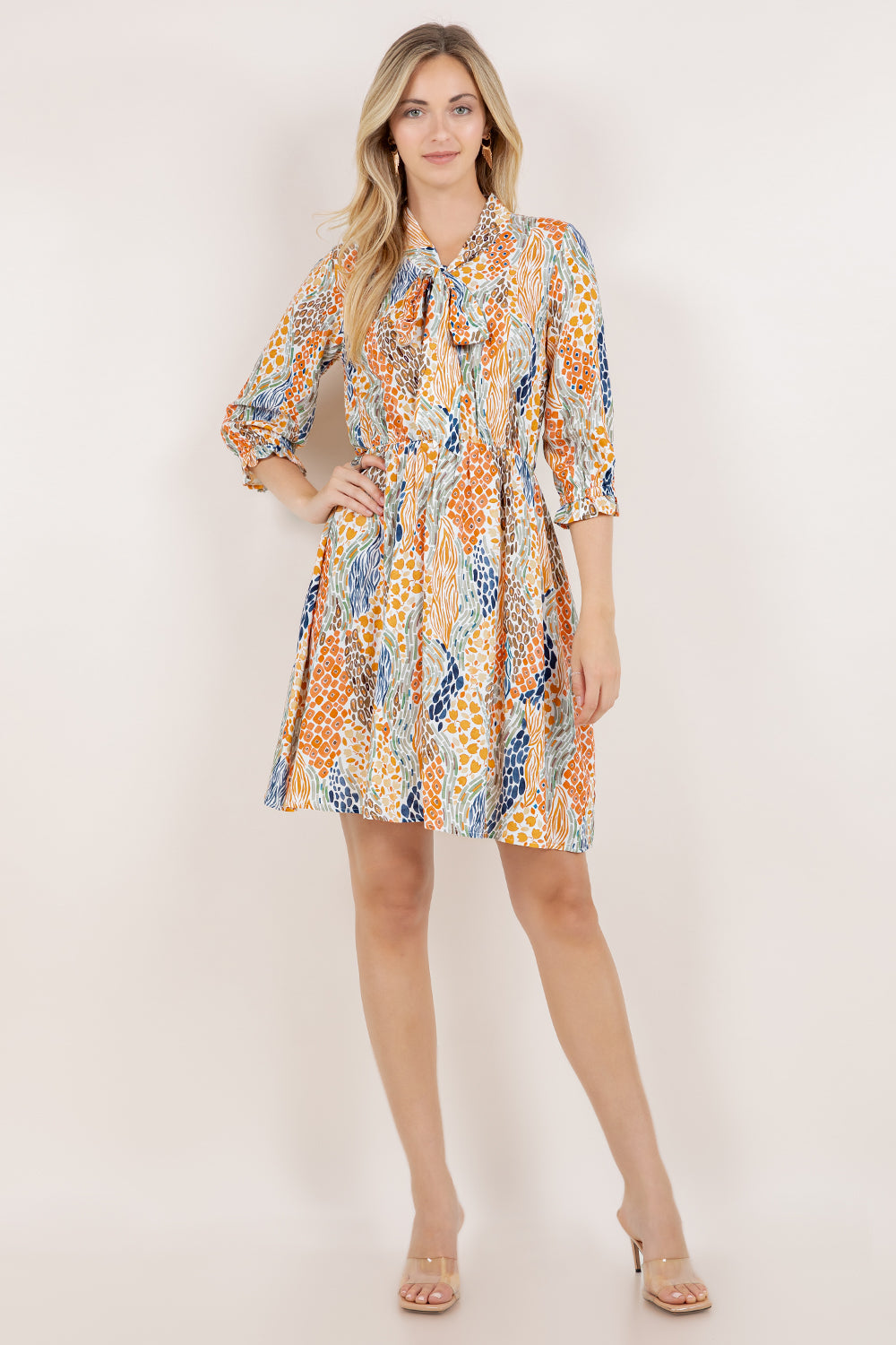 ELBOW SLV TIE NECK ELASTIC WAIST MIDI DRESS / D2655-08751H