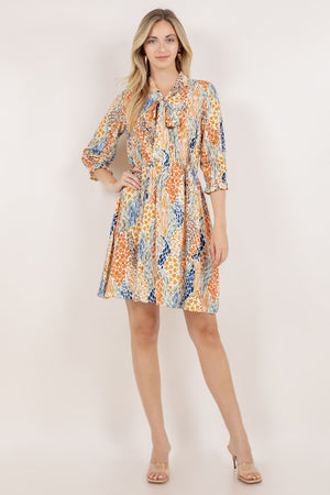 ELBOW SLV TIE NECK ELASTIC WAIST MIDI DRESS / D2655-08751H