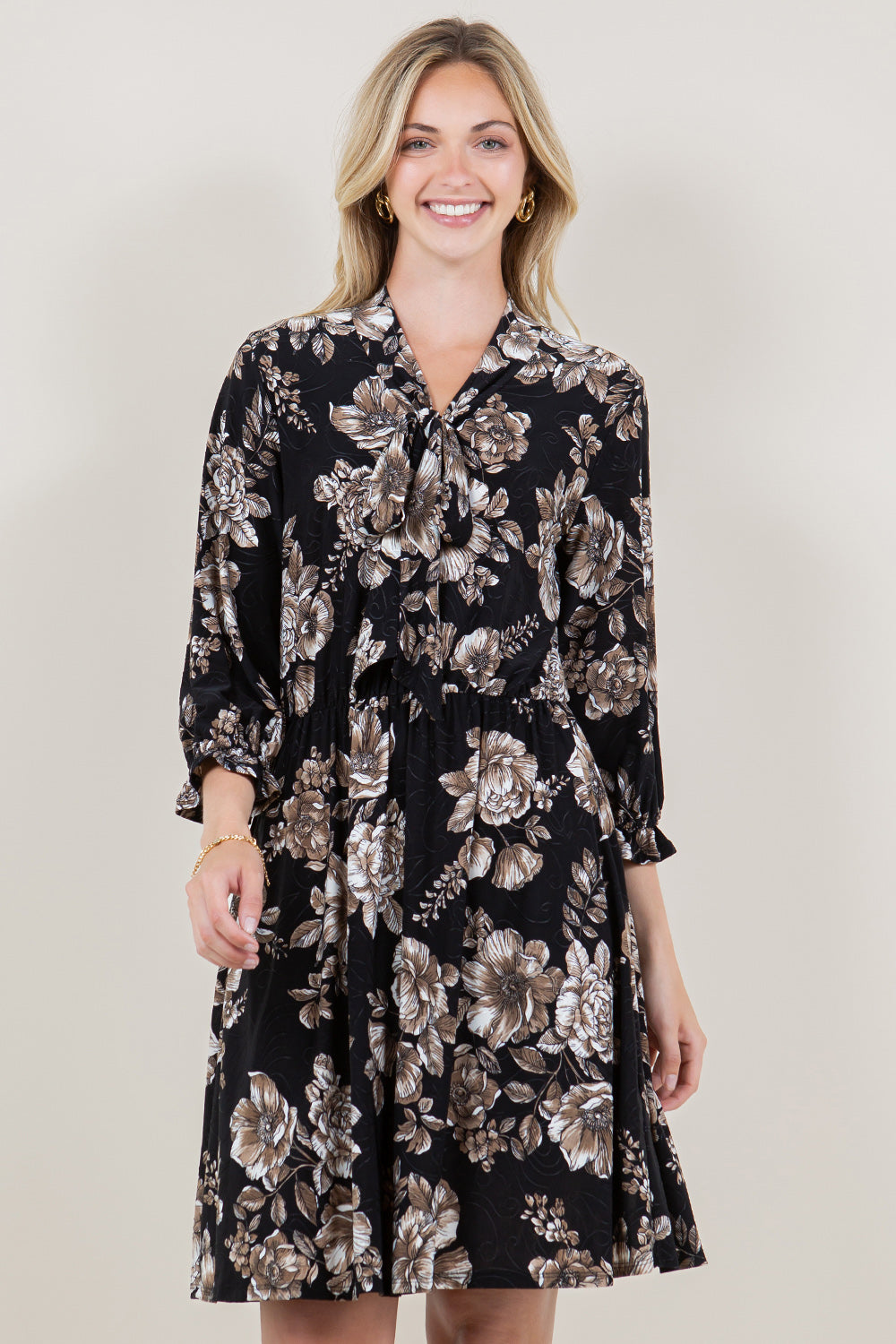 3/4 BALLOON SLEEVE ELASTIC WAIST DRESS W NECK TIE - D2655-3Q-A1625