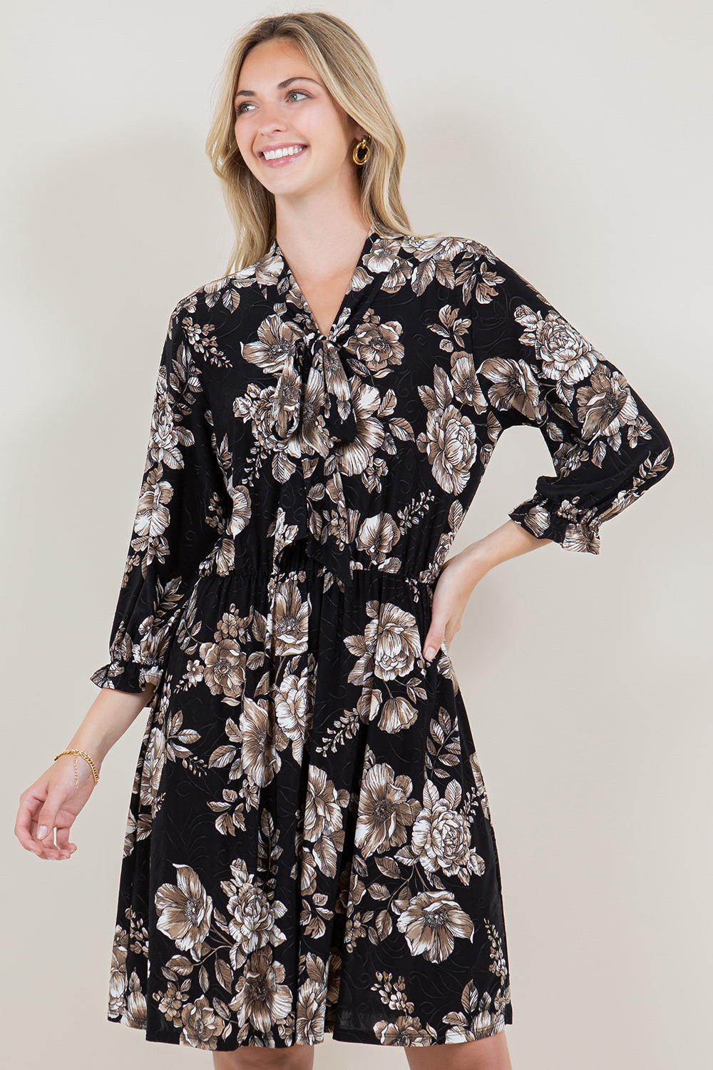 3/4 BALLOON SLEEVE ELASTIC WAIST DRESS W NECK TIE - D2655-3Q-A1625