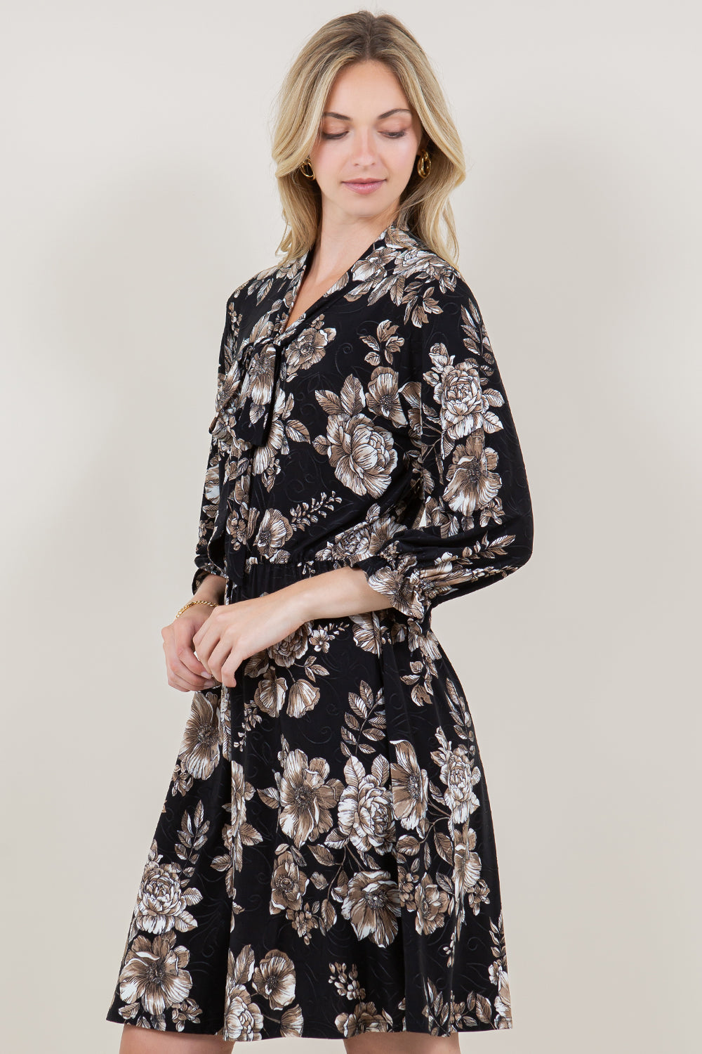 3/4 BALLOON SLEEVE ELASTIC WAIST DRESS W NECK TIE - D2655-3Q-A1625