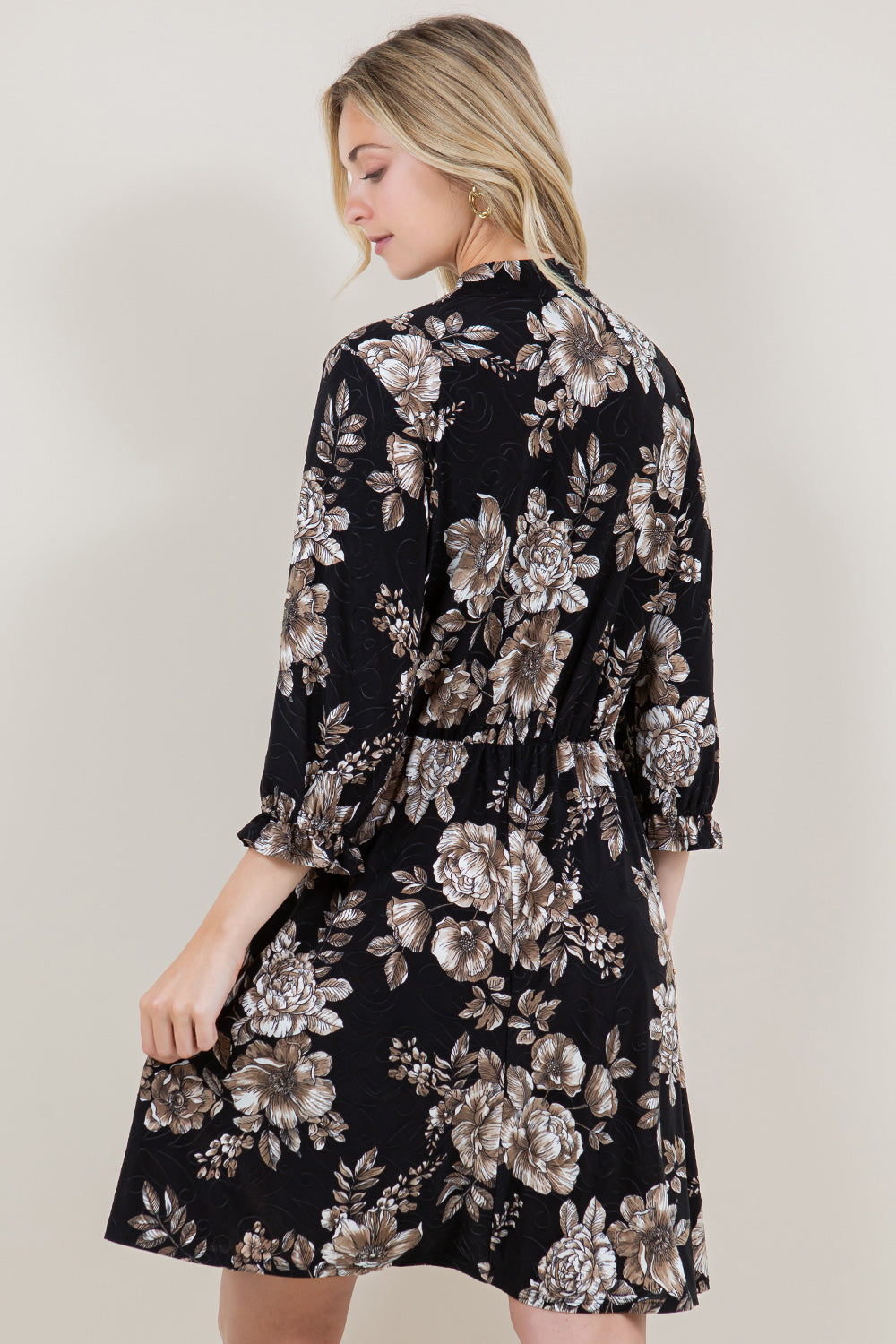 3/4 BALLOON SLEEVE ELASTIC WAIST DRESS W NECK TIE - D2655-3Q-A1625