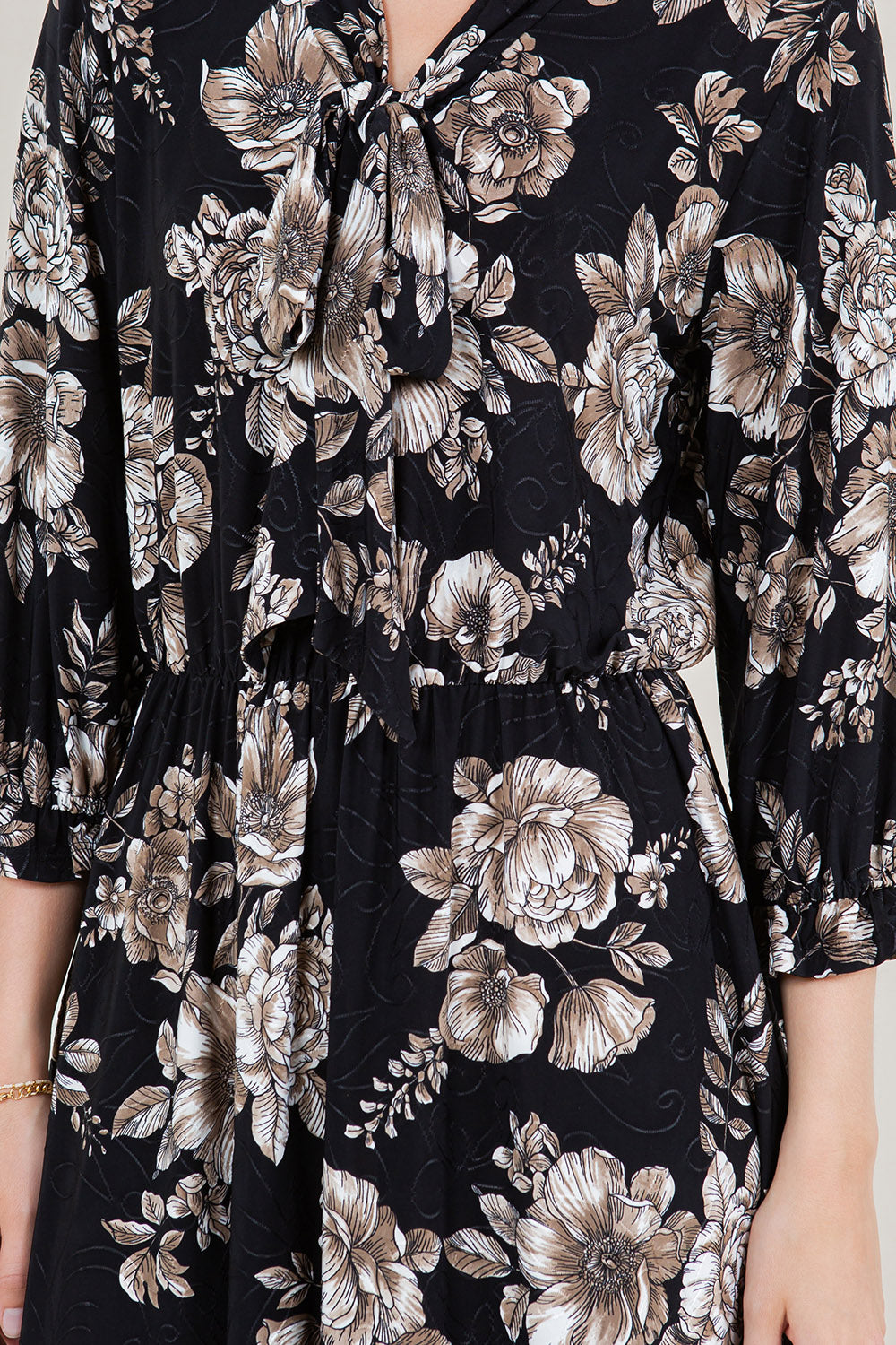 3/4 BALLOON SLEEVE ELASTIC WAIST DRESS W NECK TIE - D2655-3Q-A1625