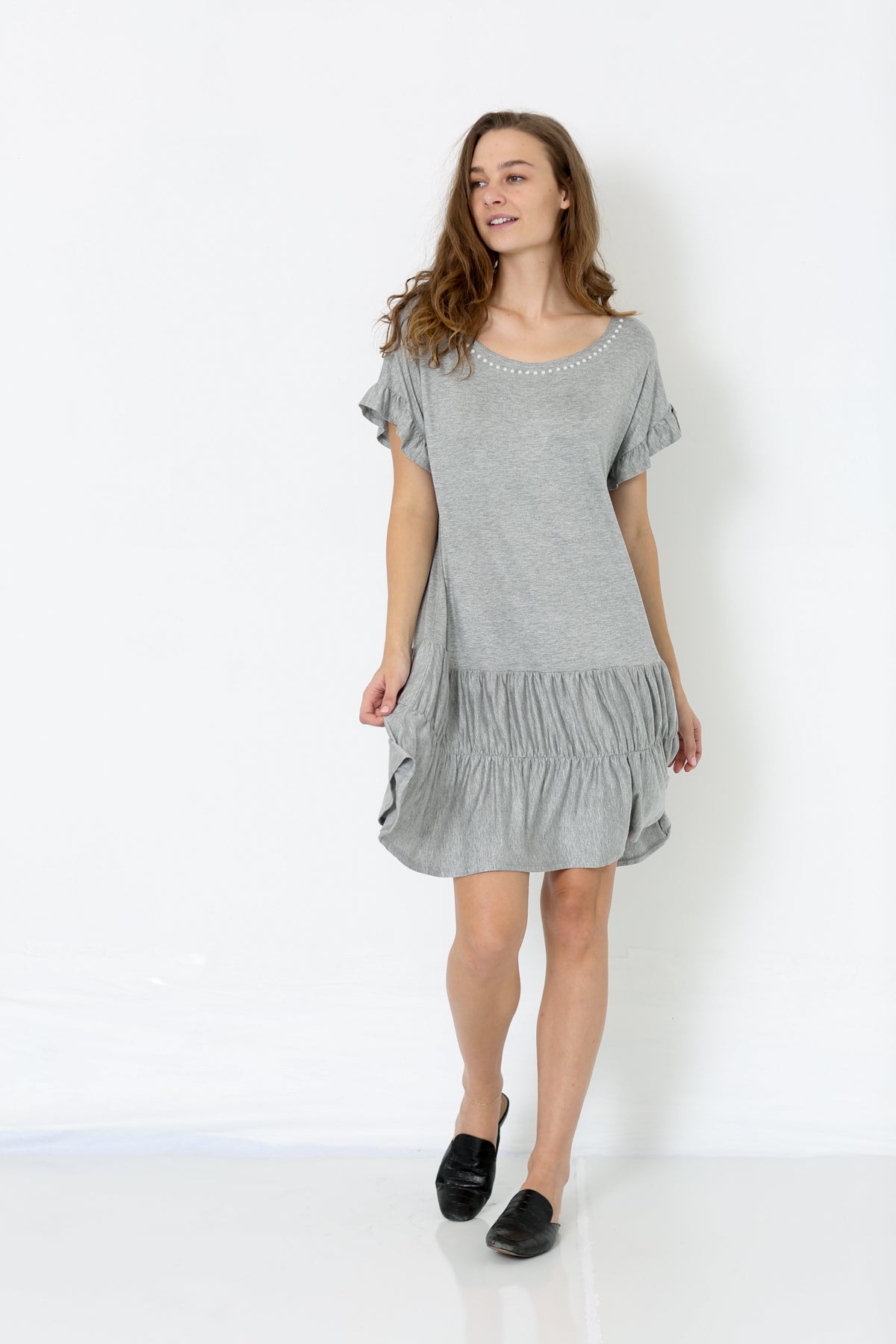 SS DROP SHOULDER RUFFLE TIERED DRESS - D2658-H GREY