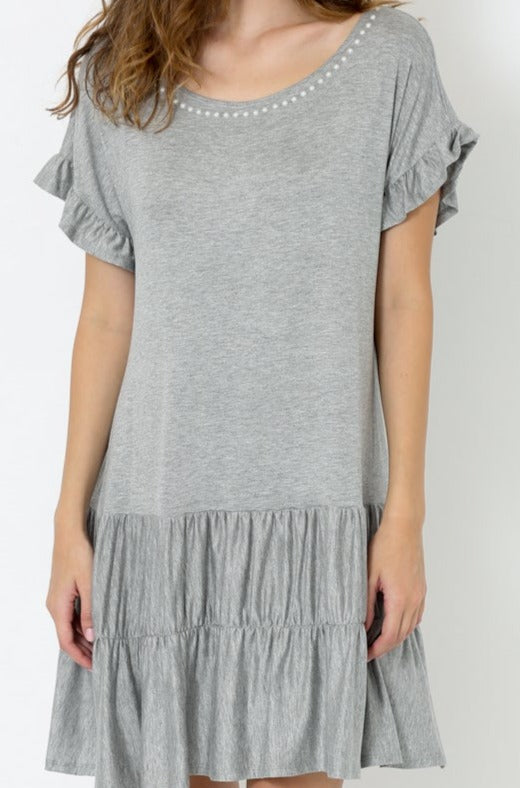 SS DROP SHOULDER RUFFLE TIERED DRESS - D2658-H GREY