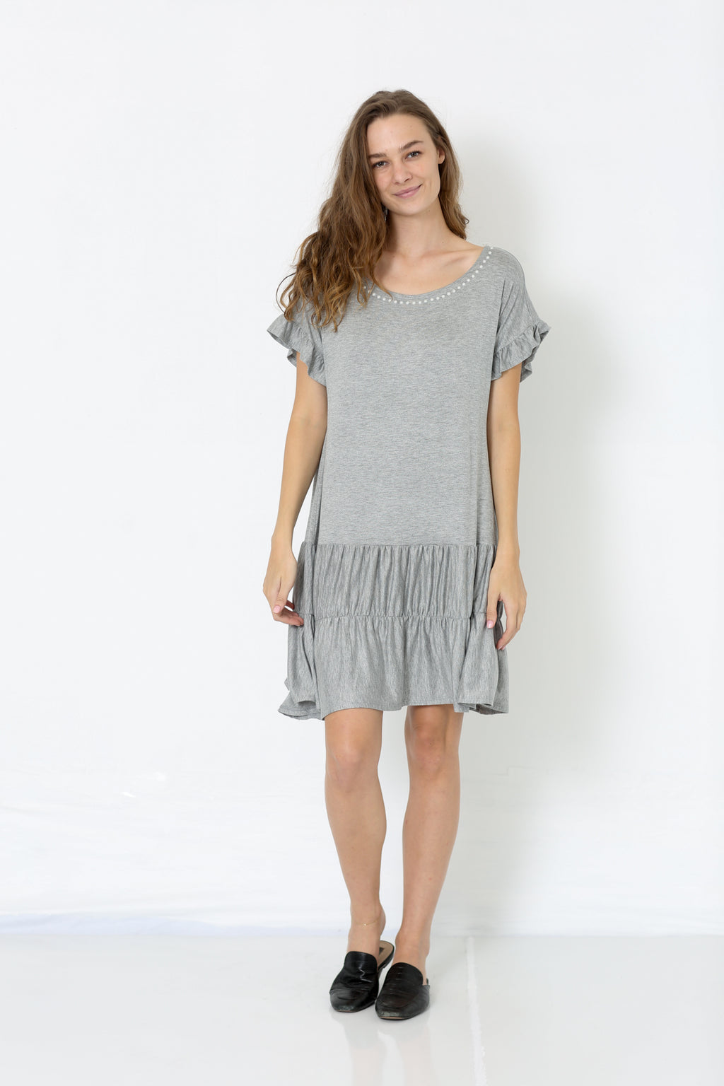 SS DROP SHOULDER RUFFLE TIERED DRESS - D2658-H GREY