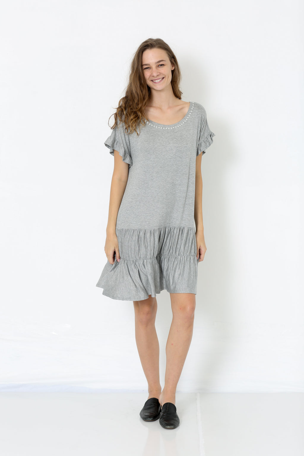 SS DROP SHOULDER RUFFLE TIERED DRESS - D2658-H GREY