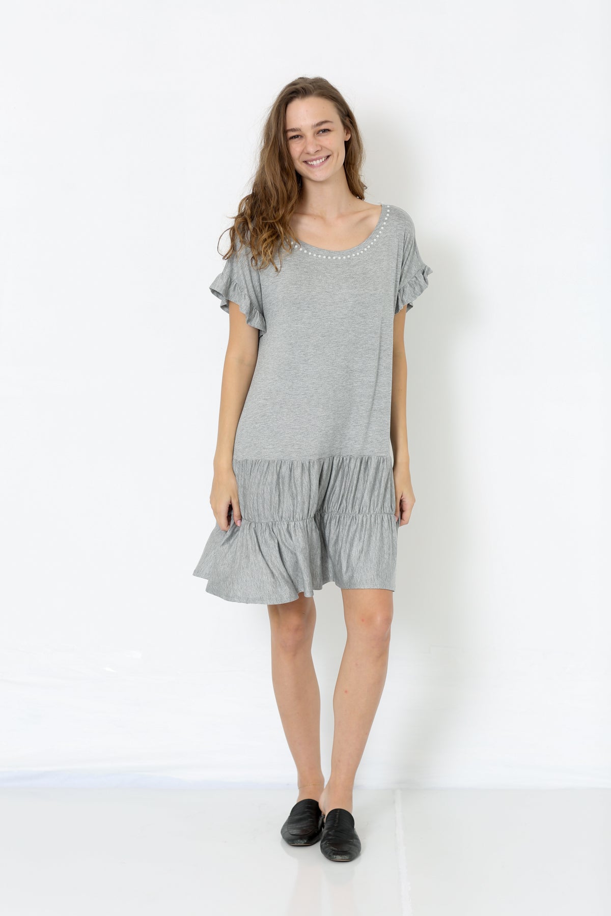 SS DROP SHOULDER RUFFLE TIERED DRESS - D2658-H GREY