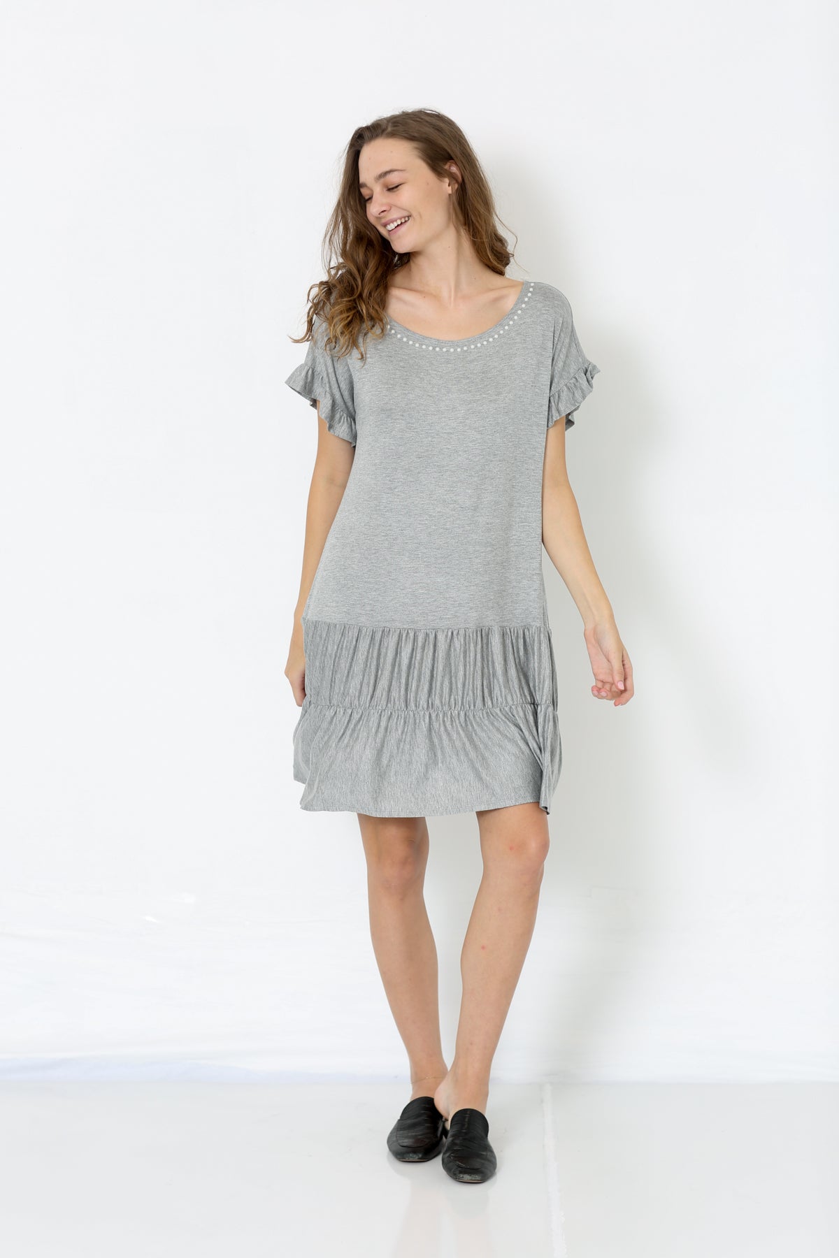 SS DROP SHOULDER RUFFLE TIERED DRESS - D2658-H GREY