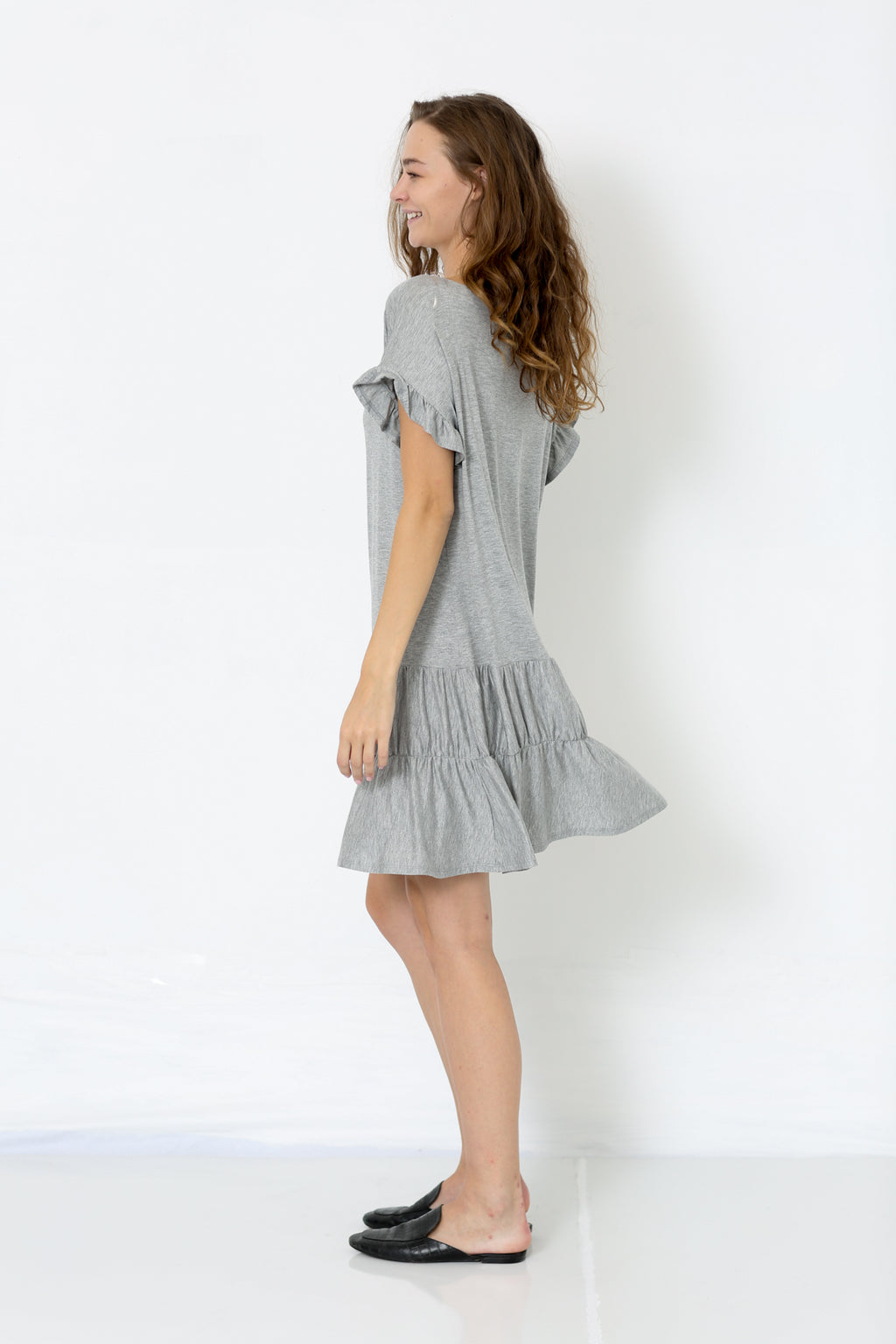SS DROP SHOULDER RUFFLE TIERED DRESS - D2658-H GREY