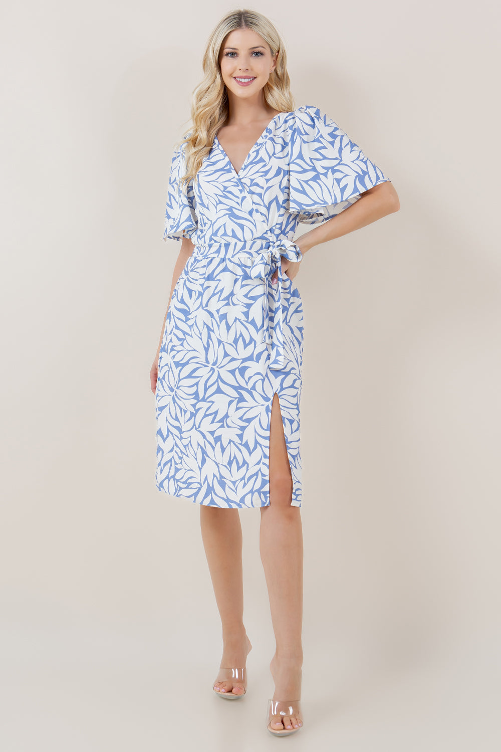 ELBOW ANGEL SLV FAUX SURPLICE DRESS - D2795-1610