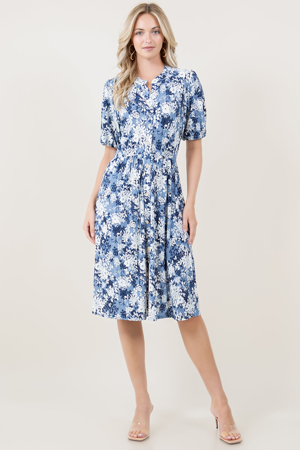 ELBOW SLV MANDARIN COLLAR ELASTIC WAIST MIDI DRESS - D2797-ELB-42646