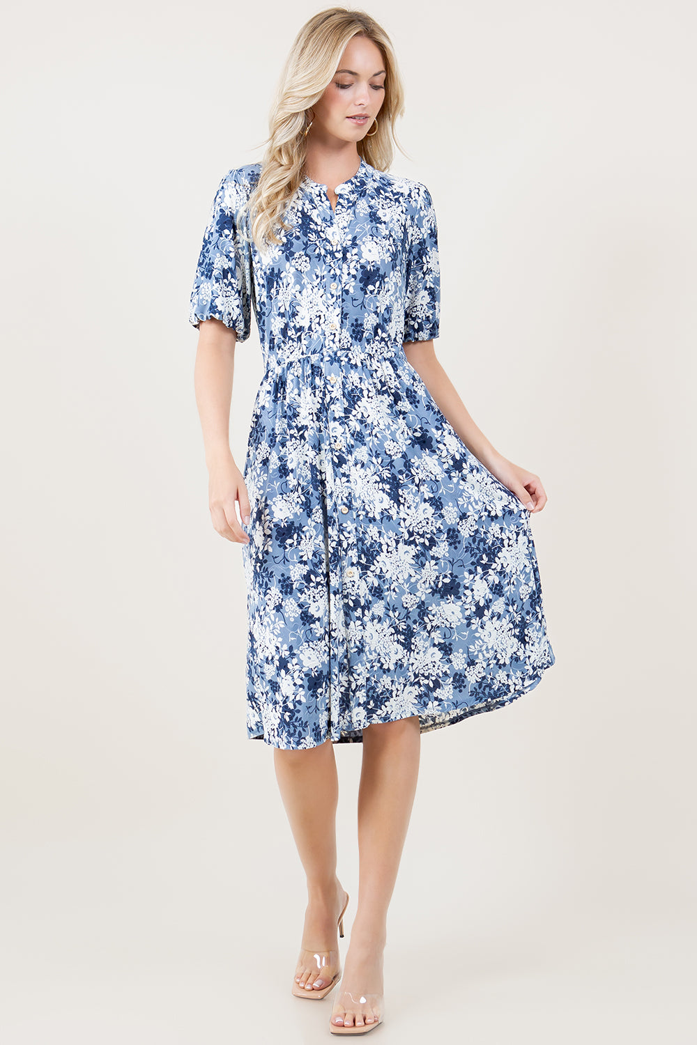 ELBOW SLV MANDARIN COLLAR ELASTIC WAIST MIDI DRESS - D2797-ELB-42646