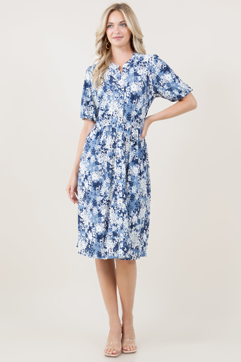 ELBOW SLV MANDARIN COLLAR ELASTIC WAIST MIDI DRESS - D2797-ELB-42646