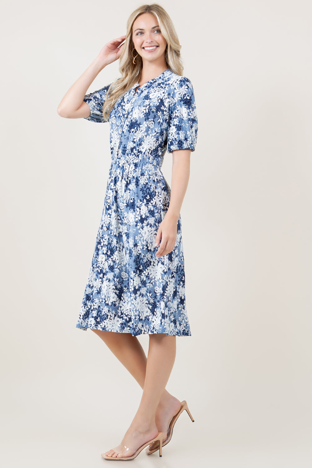 ELBOW SLV MANDARIN COLLAR ELASTIC WAIST MIDI DRESS - D2797-ELB-42646