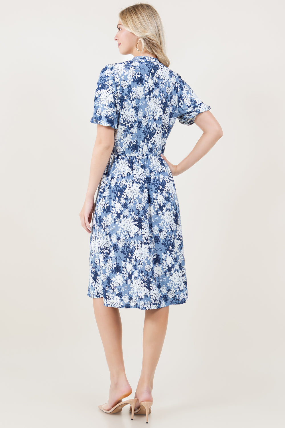 ELBOW SLV MANDARIN COLLAR ELASTIC WAIST MIDI DRESS - D2797-ELB-42646