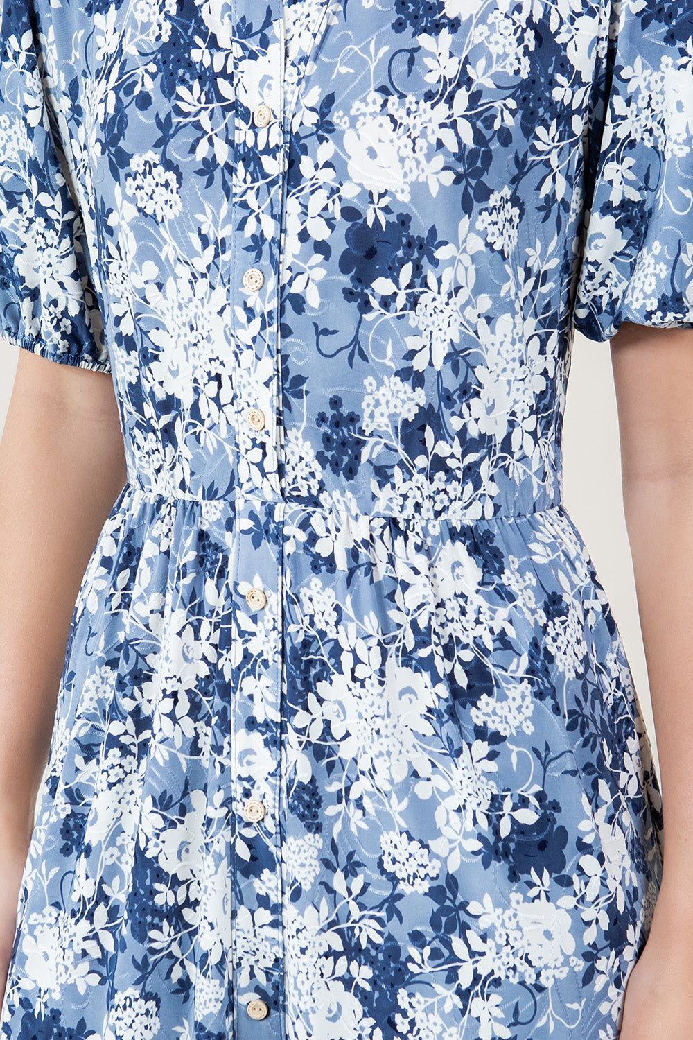 ELBOW SLV MANDARIN COLLAR ELASTIC WAIST MIDI DRESS - D2797-ELB-42646
