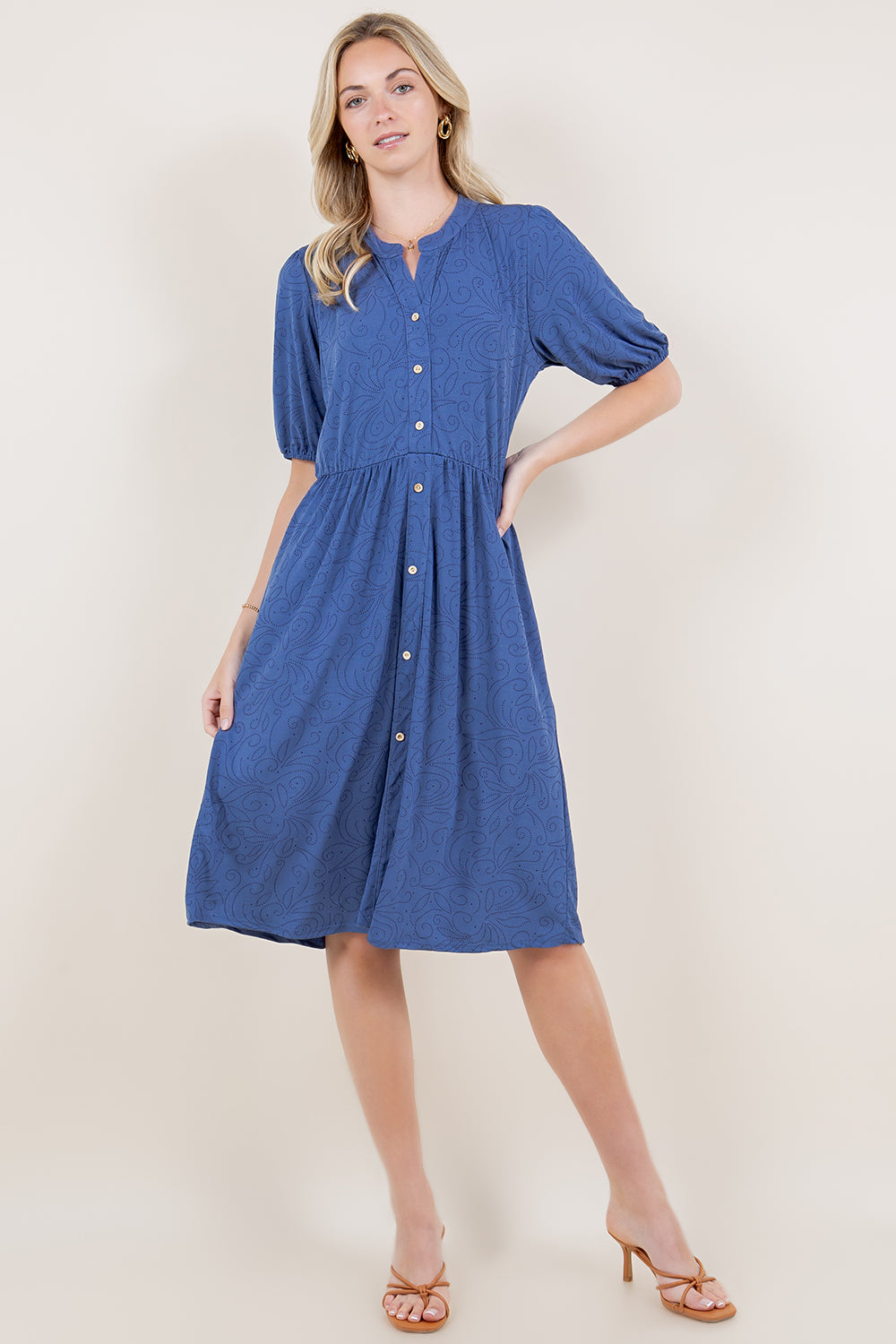 ELBOW SLEEVE ELASTIC WAIST SHIRT DRESS - D2797-ELBW-4041-DWITY