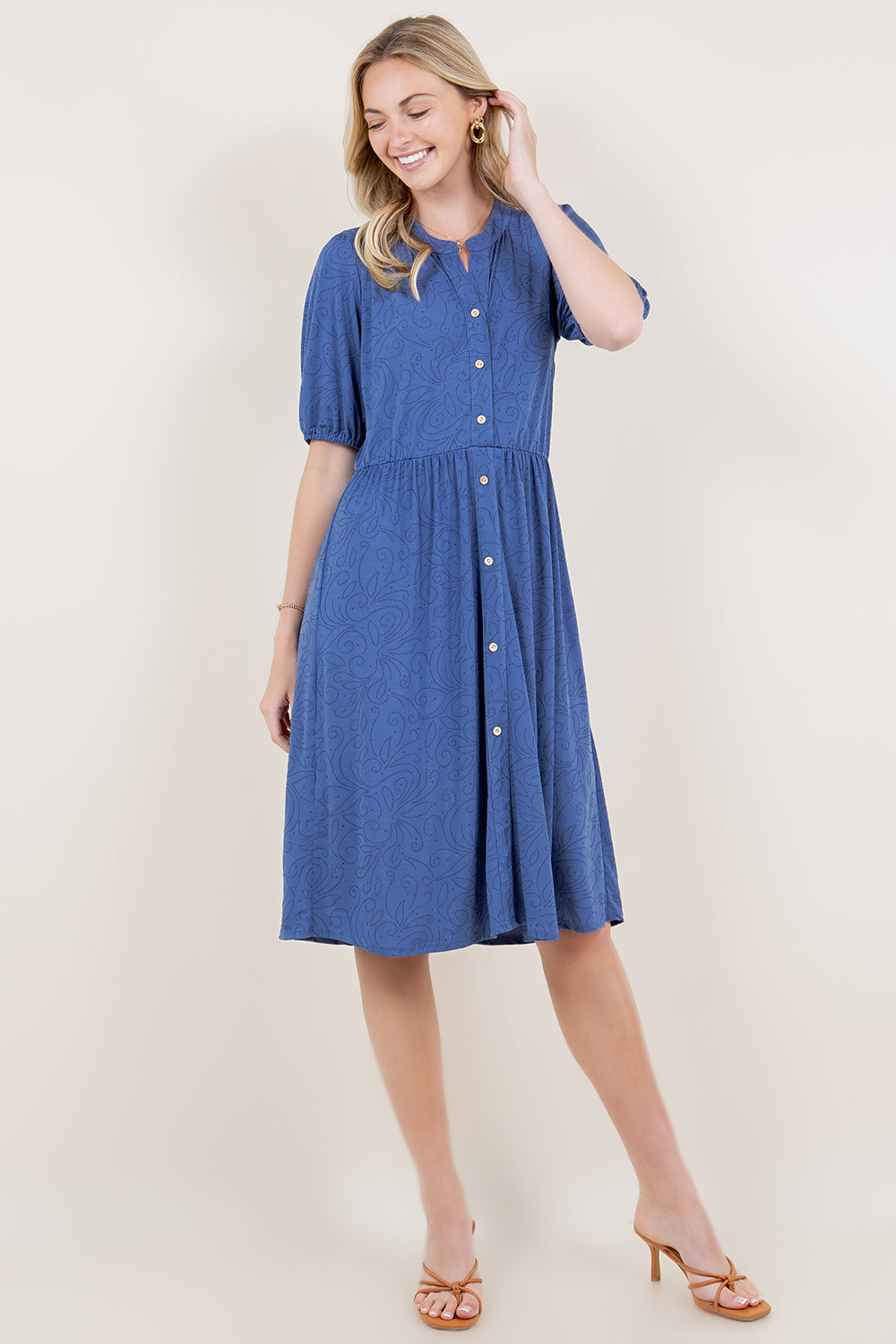 ELBOW SLEEVE ELASTIC WAIST SHIRT DRESS - D2797-ELBW-4041-DWITY